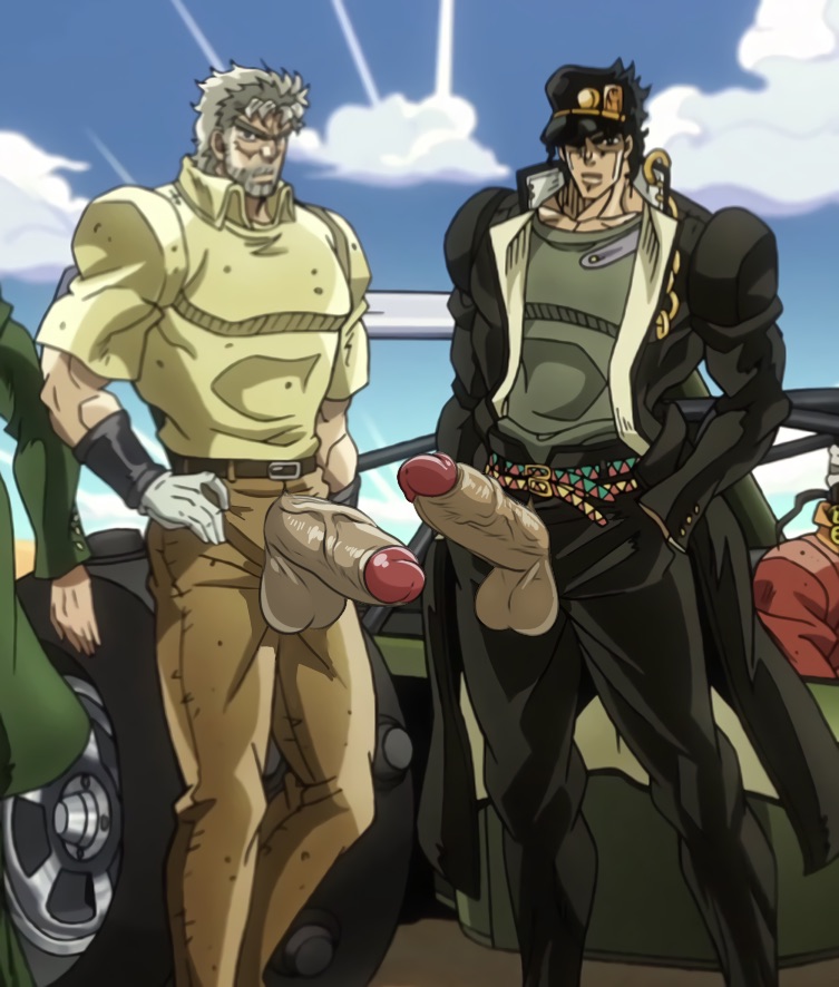 2boys age_difference black_hair blue_sky boner car chain clothed clouds dilf edit erection facial_hair gloves grandfather_and_grandson gray_hair hands_in_pockets head_out_of_frame huge_cock jijimago jojo's_bizarre_adventure joseph_joestar jotaro_kujo large_balls legs looking_at_viewer magojiji male_focus male_only mohammed_avdol muscular_male noriaki_kakyoin old_joseph out_of_fly penis_out penis_size_difference presenting_penis red_glans retracted_foreskin stardust_crusaders thick_penis veiny_penis wolf_con_f yaoi