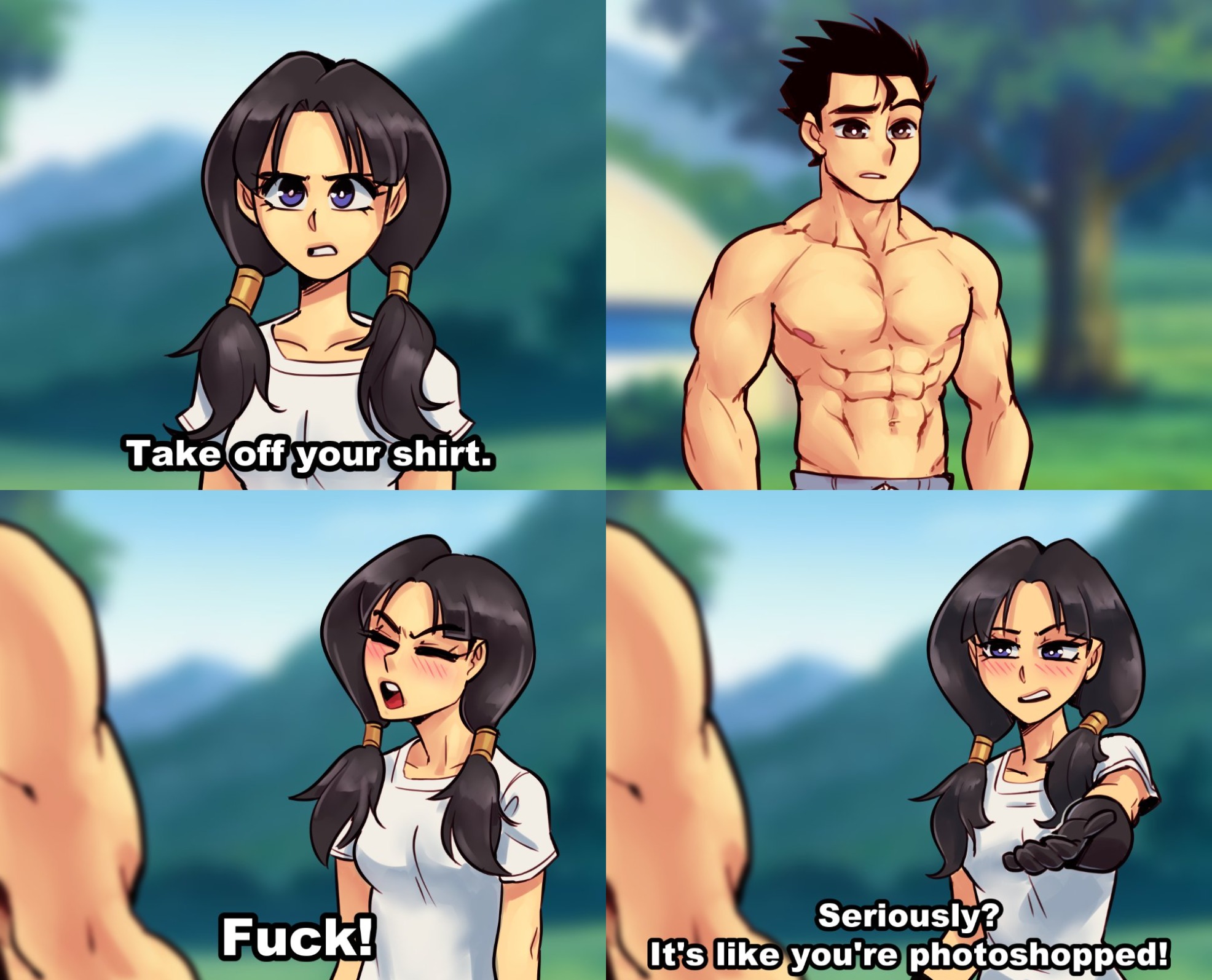 1boy, 1girls, 4koma, black eyes, blush, breasts, clothed, comic, dragon ball, dragon ball z, english text, female, humor, long hair, looking at viewer, male, medium breasts, muscular, muscular male, nortuet, purple eyes, revealing clothes, short hair, son gohan, text, videl