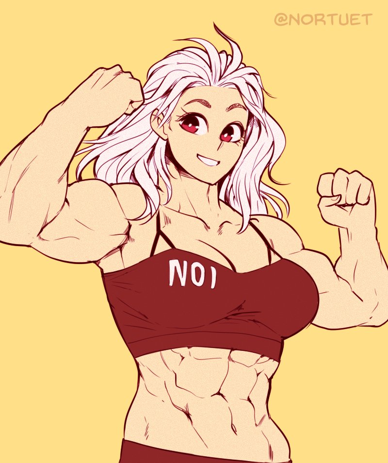 1girls 2021 big_breasts breasts cleavage clothed dorohedoro female_focus female_only highres long_hair looking_at_viewer muscular muscular_female noi_(dorohedoro) nortuet red_eyes revealing_clothes simple_background smile solo sports_bra white_hair white_skin yellow_background