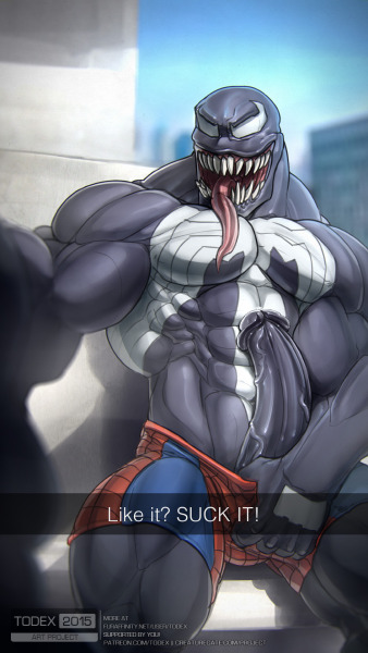 black skin, holding camera, huge cock, male, male only, marvel, marvel comics, penis, smile, smiling, smiling at viewer, solo, solo male, spider-man (series), todex, venom, venom (marvel)