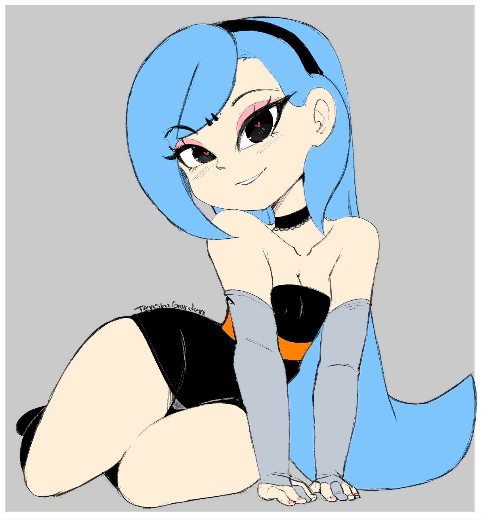 blue hair, choker, dress, edit, eyeshadow, female, headband, hearlesssoul, heart-shaped pupils, looking at viewer, panties, pantyshot, saline hearless, solo