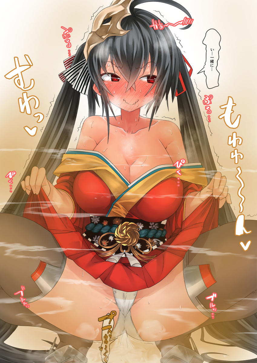 1girls, azur lane, black hair, blush, clothing, dress, fart, fart cloud, fart fetish, female, holding breath, panties, red clothing, red eyes, simple background, skirt lift, smell, smile, smiling, solo, squatting, taihou (azur lane), thighhighs