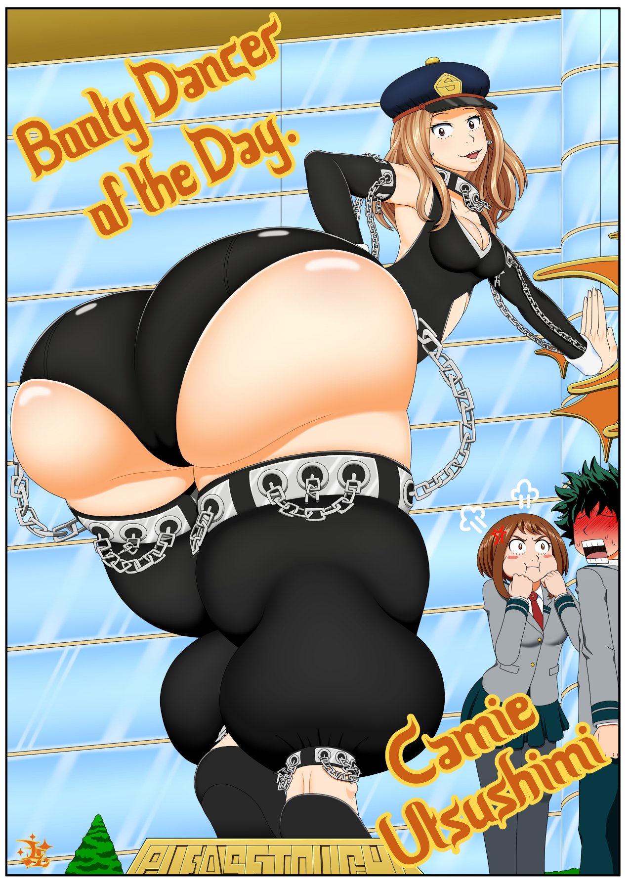 1boy 2girls ass ass_focus big_ass big_butt big_thighs black_clothing blonde_hair blush boku_no_hero_academia breasts brown_eyes brown_hair bubble_ass bubble_butt butt butt_focus camie_utsushimi cap chains deku female female_focus green_hair hero_outfit_(mha) huge_ass huge_butt hyper_ass hyper_butt izuku_midoriya jealous jealous_female large_ass large_butt light-skinned_female light-skinned_male light_skin looking_at_partner looking_at_viewer male medium_breasts medium_hair midoriya_izuku my_hero_academia ochako_uraraka oxdaman oxdarock shiketsu_high_school_cap shiny_ass shiny_butt shiny_skin shounen_jump thick_thighs uraraka_ochako utsushimi_camie wrist_cuffs