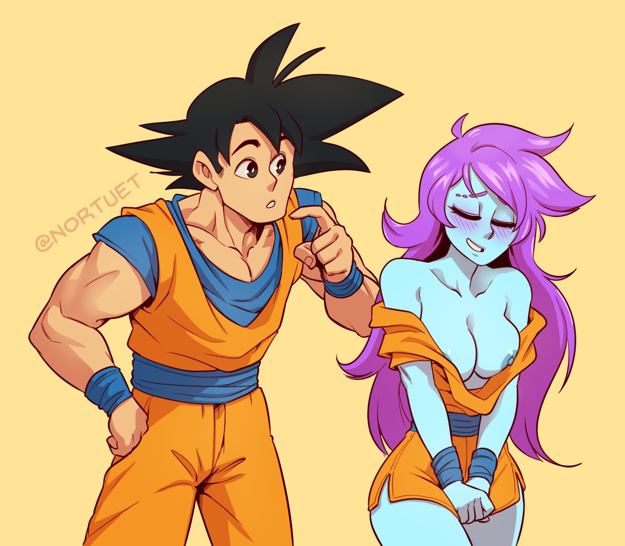 1boy, 1girls, big breasts, black eyes, black hair, blue skin, blush, breasts, cleavage, closed eyes, clothed, dragon ball, dragon ball super, dragon ball xenoverse, dragon ball z, female, goku, highres, male, mana (nortuet), muscular, muscular male, nipples, nortuet, original, original character, pink hair, revealing clothes, simple background, son goku, wide hips