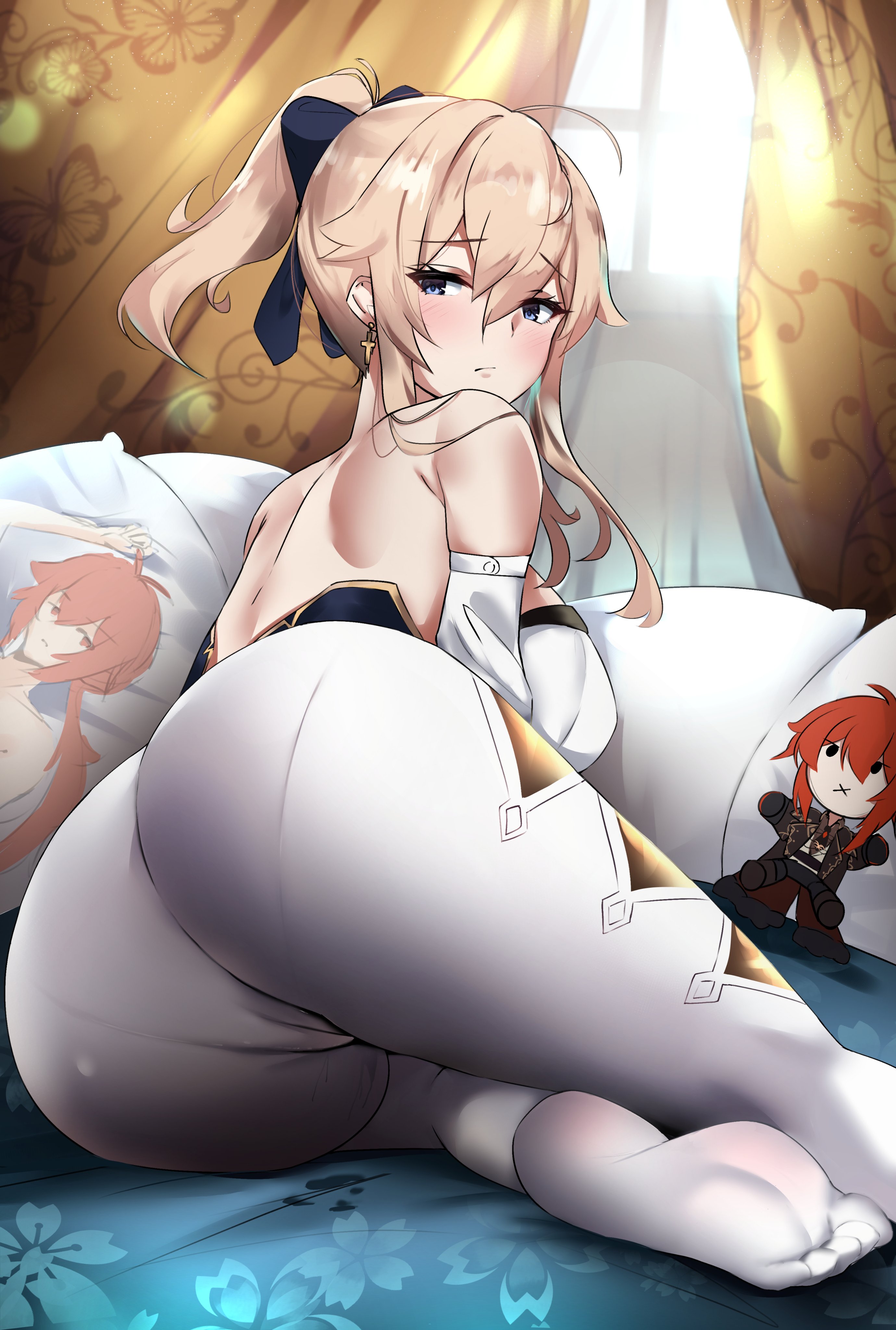 ass, big ass, blonde hair, blush, body pillow, breasts, diluc (genshin impact), female, female only, genshin impact, jean gunnhildr, looking at viewer, no shoes, pantylines, tights
