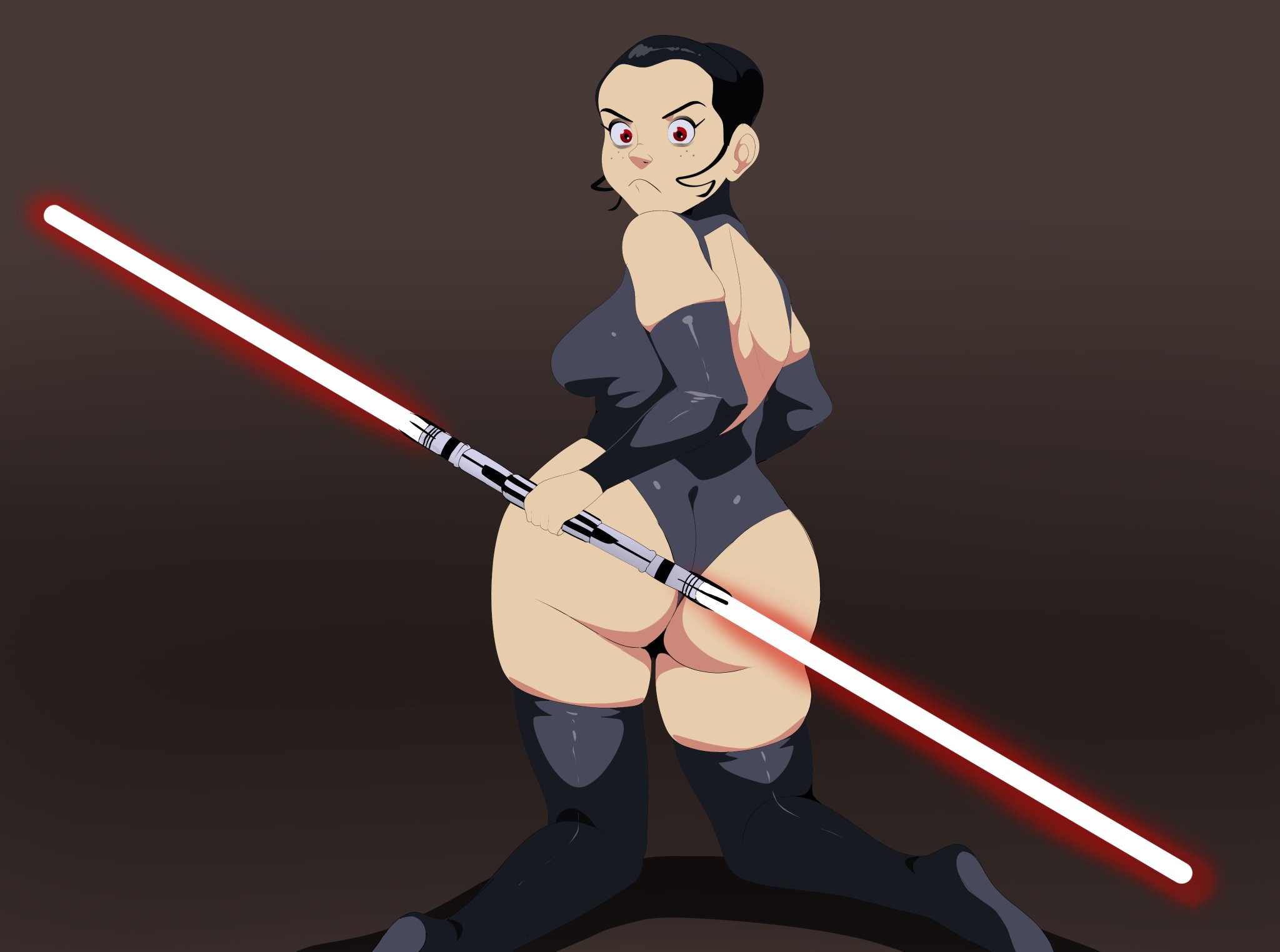 1girls, armwear, ass, barrybbeesly, big ass, black hair, breasts, double bladed lightsaber, dual-bladed lightsaber, female, freckles, frown, hair bun, leggings, lightsaber, looking at viewer, looking back, red eyes, red lightsaber, rey, sideboob, sith empress, sith rey, skin tight, star wars, thick thighs