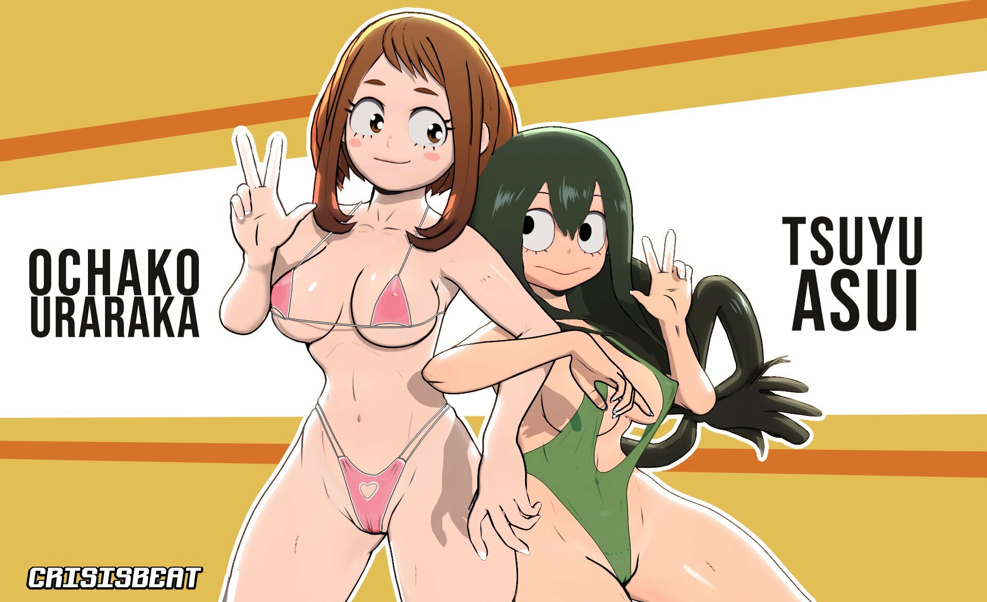 2girls, 3d, bikini, bikini bottom, bikini top, breasts, brown hair, brown-haired female, clothing, crisisbeat, female, female only, green hair, green-haired female, hourglass figure, light skin, light-skinned female, long hair, my hero academia, ochako uraraka, shounen jump, spread legs, superheroine, tagme, tsuyu asui, underboob, upper body, voluptuous