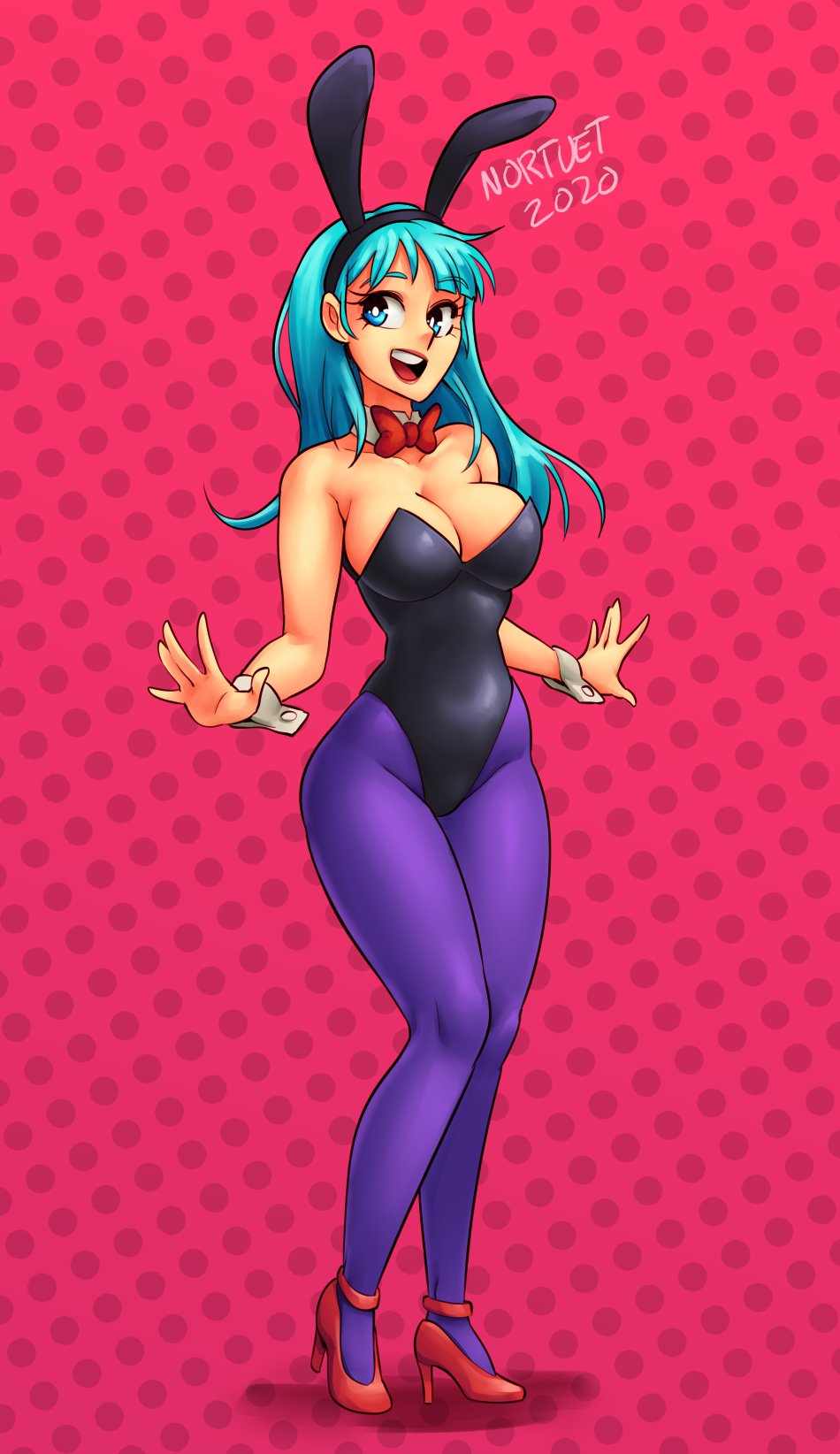 1girls, 2020, big breasts, blue eyes, blue hair, bowtie, breasts, bulma, bulma (bunny), bulma briefs, bunny ears, bunny girl, bunnysuit, cleavage, clothed, detached collar, dragon ball, dragon ball (classic), female, female focus, female only, fully clothed, halloween, high heels, long hair, nortuet, purple pantyhose, red heels, red high heels, revealing clothes, simple background, smile, solo, teal hair, teenage bulma, teenage female, teenager, wrist cuffs