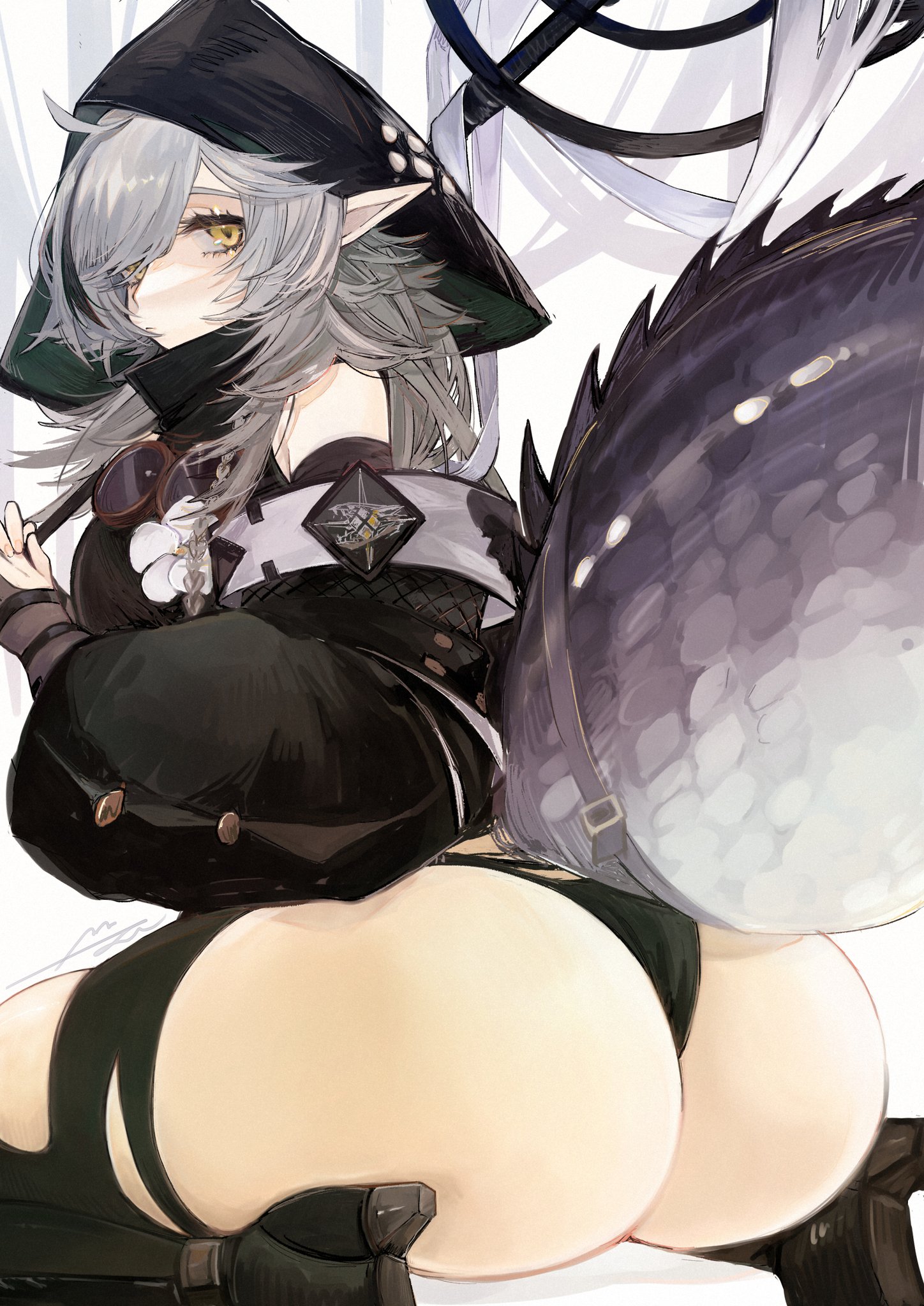 animal tail, arknights, artist request, ass, big ass, big butt, female, hair over one eye, hood, huge ass, huge butt, kneeling, light skin, light-skinned female, looking at viewer, looking back, pale skin, pale-skinned female, panties, pointy ears, thighhighs, tomimi (arknights), white hair, yellow eyes