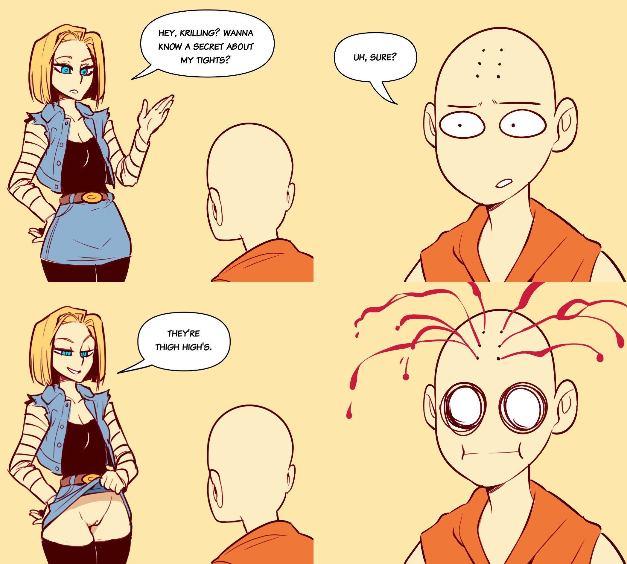 1boy, 1girls, 4koma, android 18, bald, blonde hair, blue eyes, breasts, cleavage, clothed, comic, denim skirt, dragon ball, english text, female, krillin, kuririn, male, medium breasts, no panties, nortuet, pencil skirt, revealing clothes, shounen jump, simple background, skirt, skirt lift, smile, text, thighhighs, what, wide hips