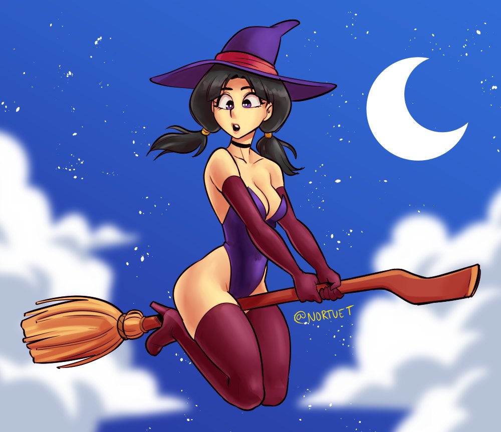 1girls, black hair, breasts, cleavage, clothed, dragon ball, female, female focus, female only, long hair, medium breasts, nortuet, open mouth, purple eyes, revealing clothes, simple background, solo, videl, wide hips, witch