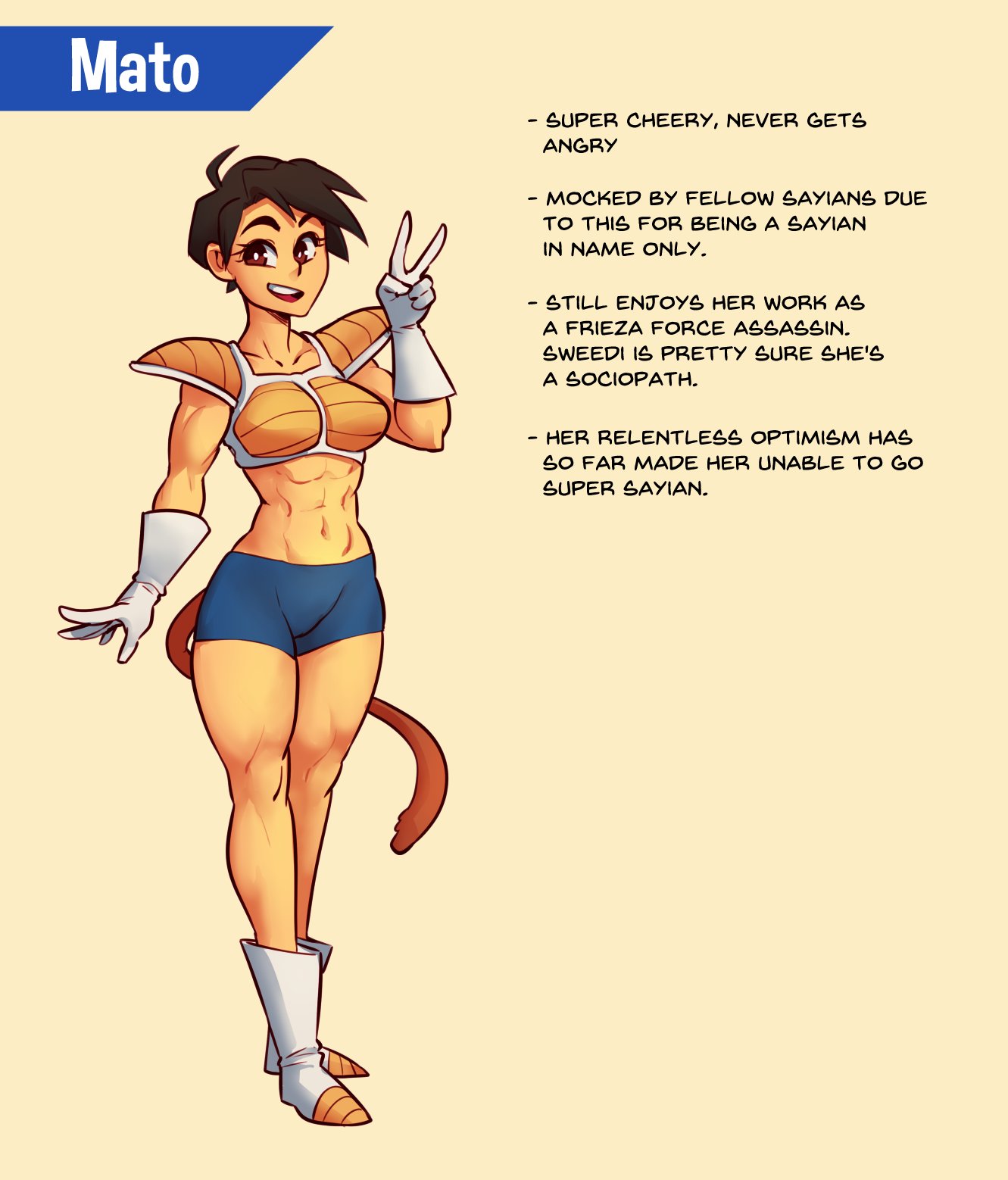 1girls, big breasts, black hair, breasts, brown eyes, character sheet, clothed, dragon ball, dragon ball xenoverse, english text, female, female focus, female only, female saiyan, looking at viewer, mato (nortuet), nortuet, peace sign, revealing clothes, saiyan armor, saiyan female, saiyan oc, saiyan tail, short hair, simple background, smile, solo, tail, text, very short hair