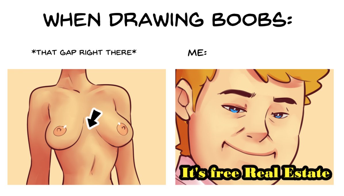 1boy, 1girls, 2koma, blonde hair, blue eyes, breasts, breasts apart, clothed, comic, english text, female, free real estate, humor, looking at viewer, male, medium breasts, meme, nipples, nortuet, nude, original, original character, short hair, smile