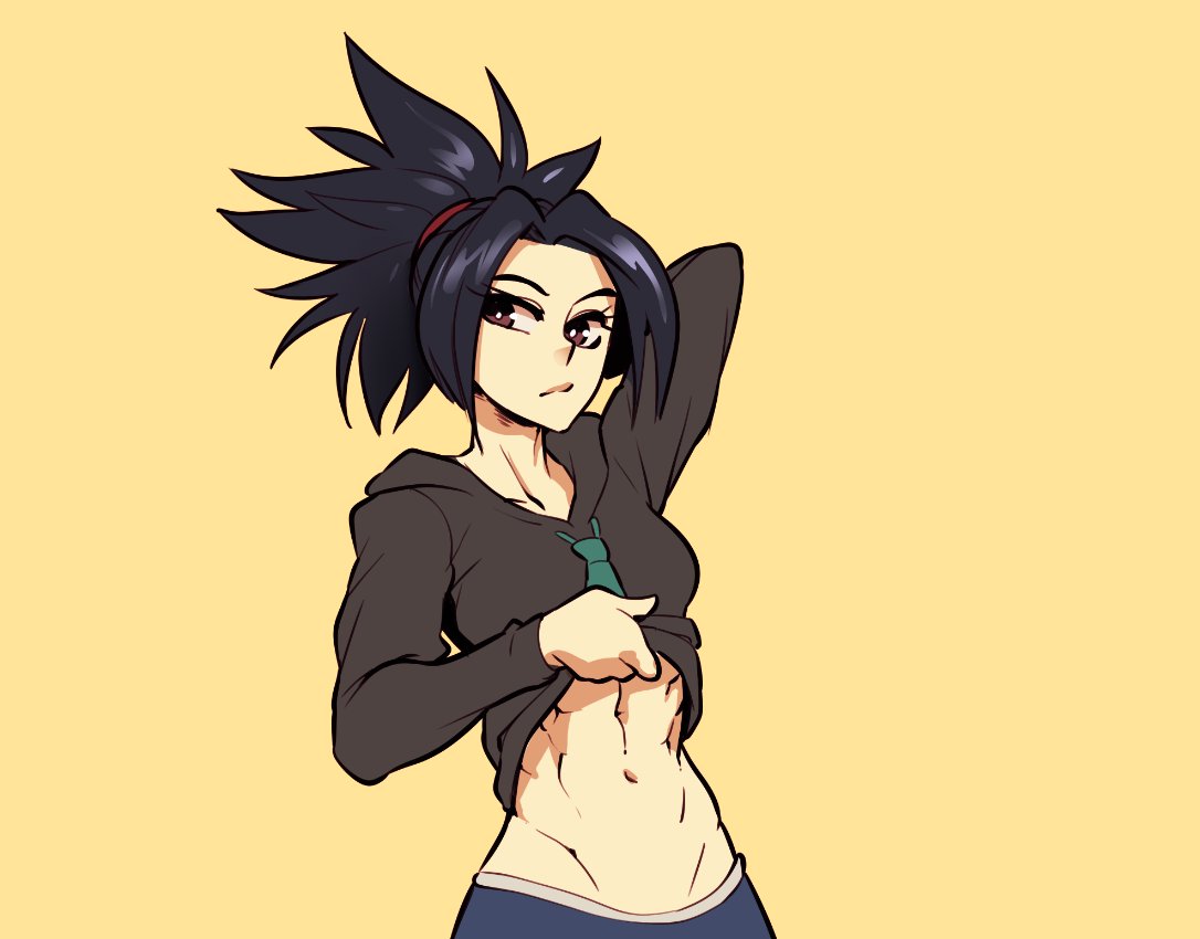 1girls, black eyes, black hair, female, female focus, female only, looking at viewer, muscular, muscular female, nortuet, original, original character, shirt lift, short hair, simple background, solo