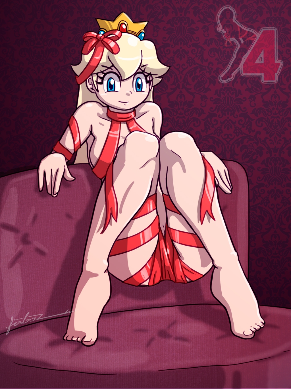 blonde hair, blue eyes, female, female only, furboz, human, looking at viewer, mario (series), nintendo, presenting, princess peach, ribbon, sitting, solo