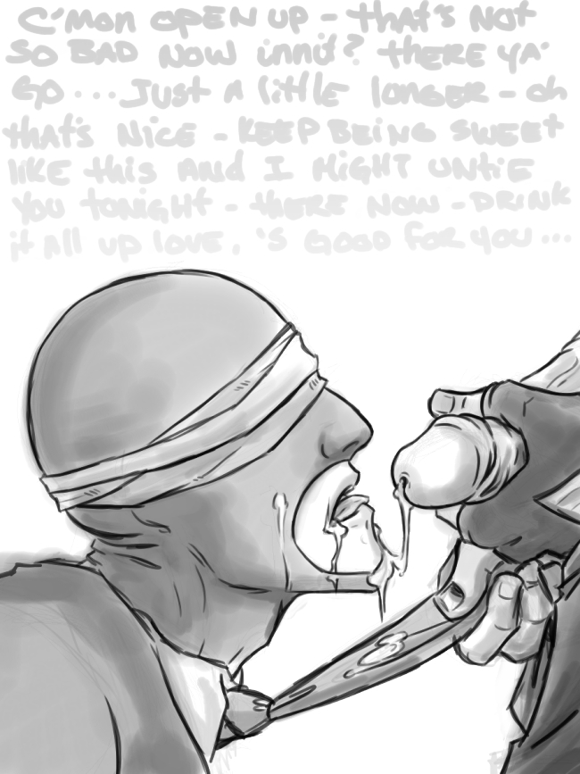 2boys 2d balaclava blindfolded cum_on_face english_text holding_tie human human_male human_only male male_only sniper_(team_fortress_2) spy_(team_fortress_2) talking team_fortress_2 text yaoi