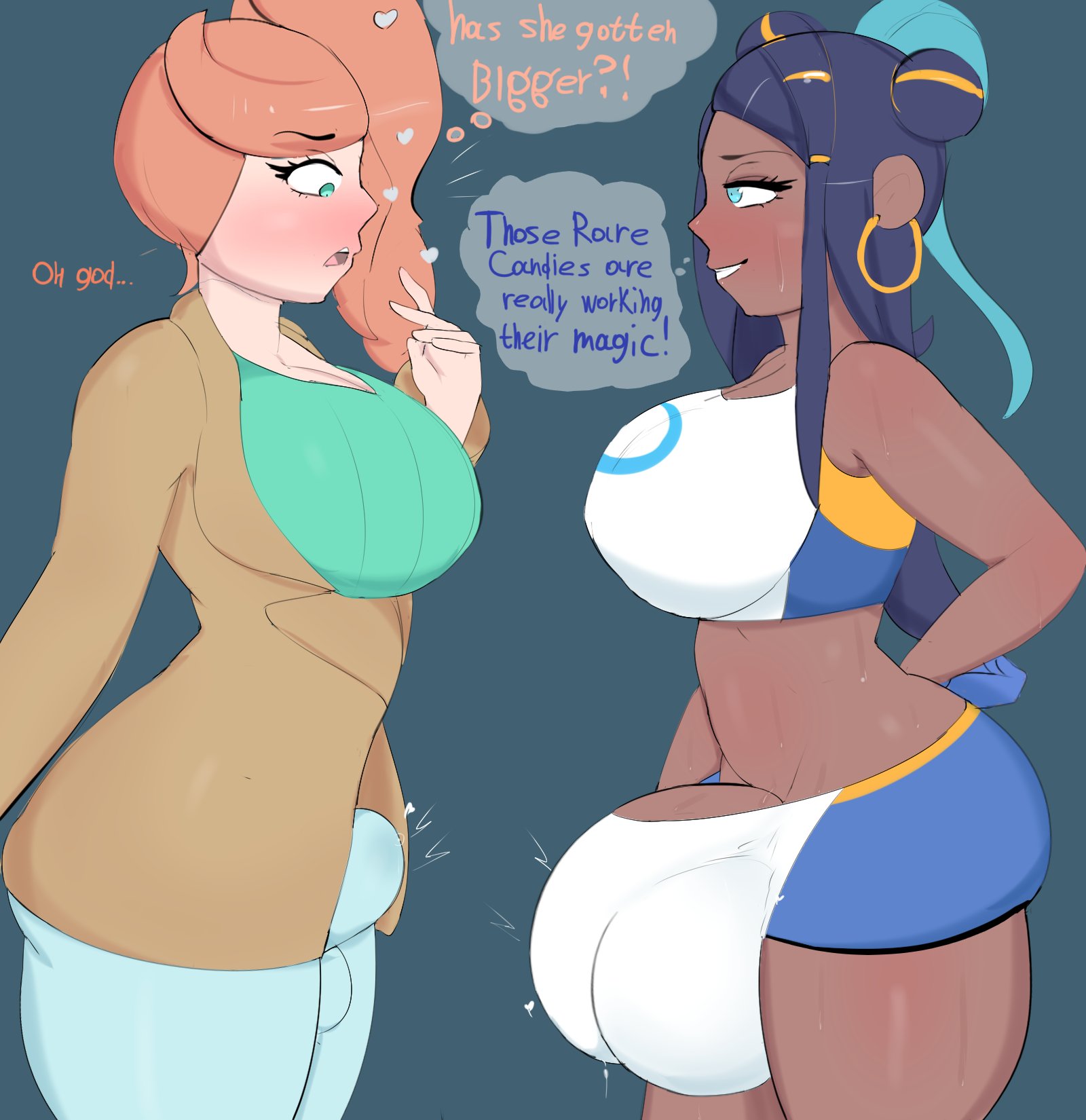 2futas, alternate breast size, balls, balls expansion, balls growth, balls growth (enlargement), balls size difference, big breasts, breasts, bulge, cleavage, comparing, dark skin, dark-skinned futa, dickgirl, embarrassed, erection under clothes, futa only, futanari, g3mma, genital expansion, genital growth, genital growth (enlargement), huge balls, huge breasts, huge cock, huge testicles, human, hyper, hyper balls, hyper penis, intersex, nessa (pokemon), penis, penis awe, penis expansion, penis growth, penis growth (enlargement), penis size difference, penis under clothes, pokemon, pokemon ss, rare candy, size comparison, size difference, sonia (pokemon), testicles, text