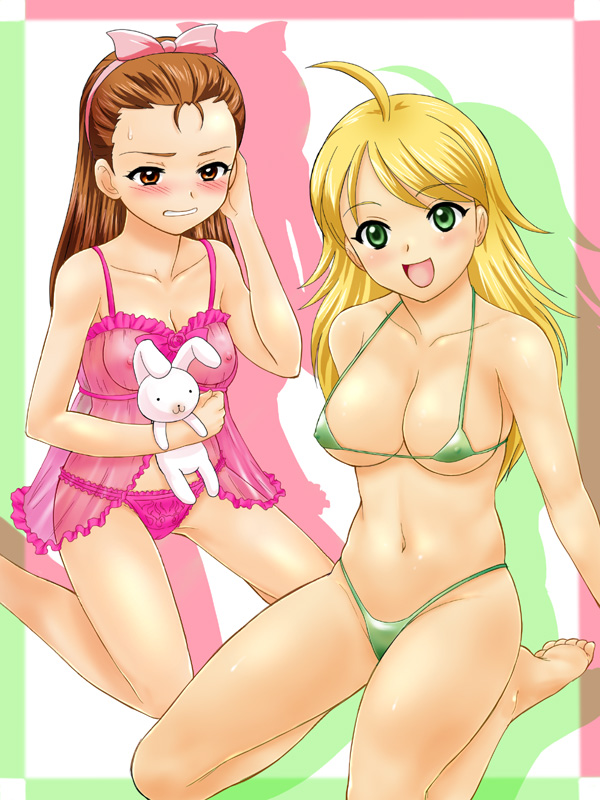 2girls bikini bikini_top blonde_hair blush bow brown_eyes brown_hair erect_nipples hairband hoshii_miki idolmaster kneeling lingerie long_hair micro_bikini miki_hoshii minase_iori multiple_girls navel negligee panties see-through seiza sitting smile stuffed_rabbit swimsuit thong tsuwabuki-san underwear usa-chan