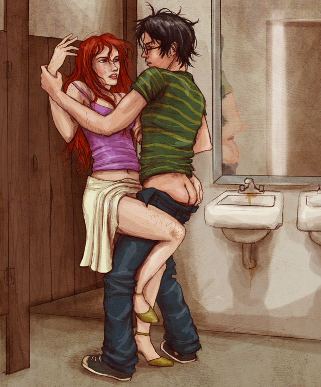 1boy 1girls against_door against_surface bathroom camisole clothed_sex crop_top female fully_clothed ginny_weasley happy_sex harry_james_potter harry_potter heels high_heels male midriff mirror one_leg_up reallycorking red_hair redhead romantic sink skirt skirt_lift spaghetti_strap standing_sex tagme tank_top toilet toilet_stall vaginal_penetration wrist_grab