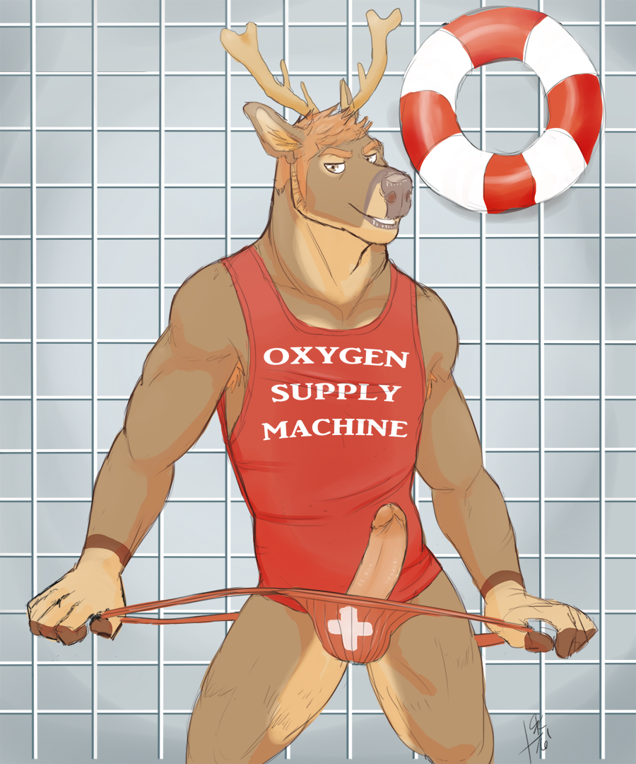 1boy anthro beau_(reindeeroo) cervine clothing deer erection humanoid_penis lifeguard male male_only mammal penis reindeeroo solo underwear