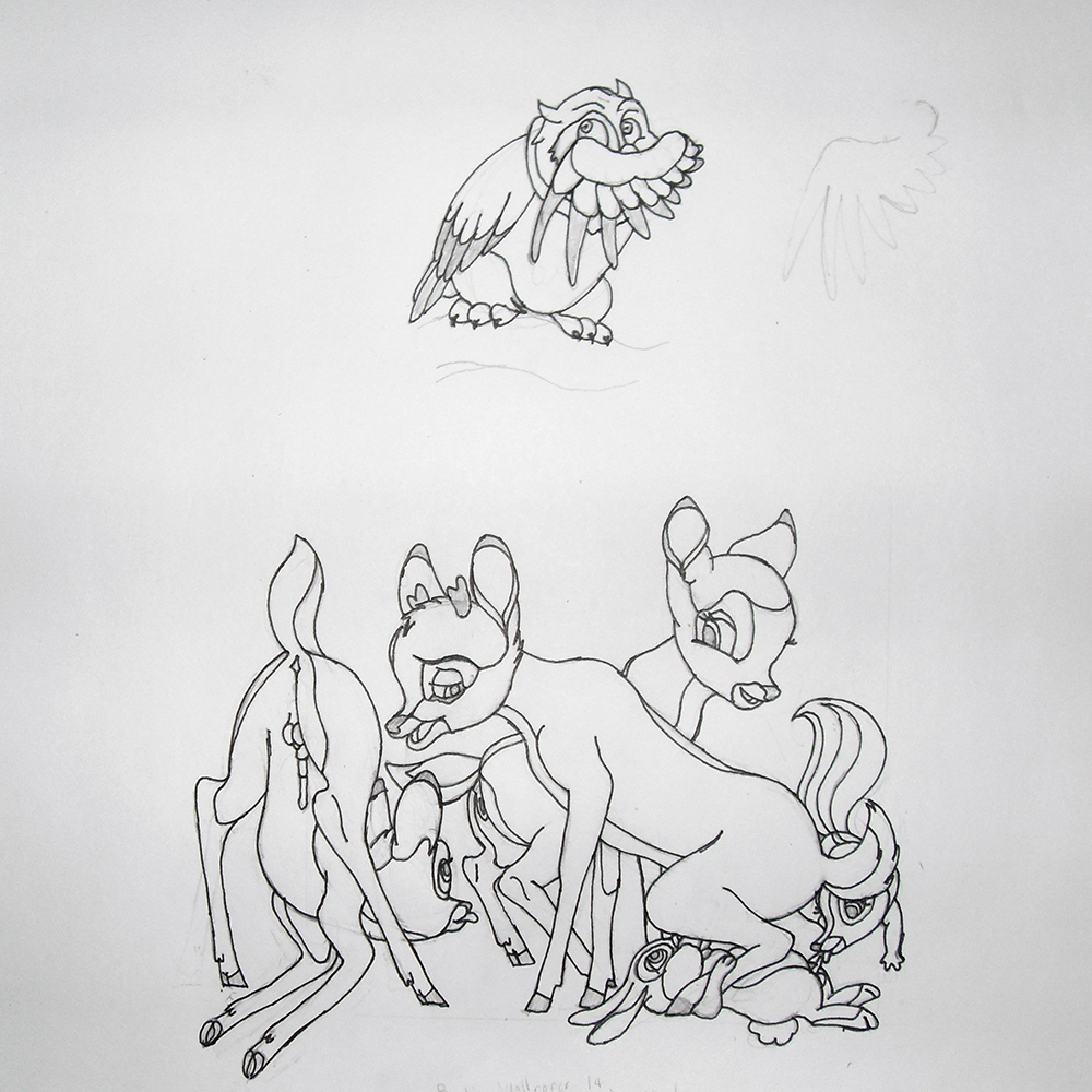 bambi_(character) bambi_(film) cub disney faline feral flower_(bambi) monochrome penis pussy ronno rough_sketch skunk testicles thumper