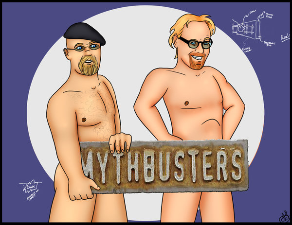 2boys adam_savage beret blonde_hair blue_eyes body_hair eyeglasses facial_hair goatee humor jamie_hyneman male male_nipples male_only manly masculine mature_male mythbusters nude_male shadowglove smooth_skinned_male softcore tagme