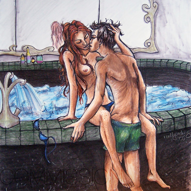 1boy 1girls ambiguous_penetration bath bathroom bathtub boxers bra_removed exposed_breasts female ginny_weasley happy_sex harry_james_potter harry_potter hogwarts indoors kissing kissing_neck male mirror panties prefects'_bathroom reallycorking romantic shirtless sitting standing standing_sex tagme topless upright_straddle