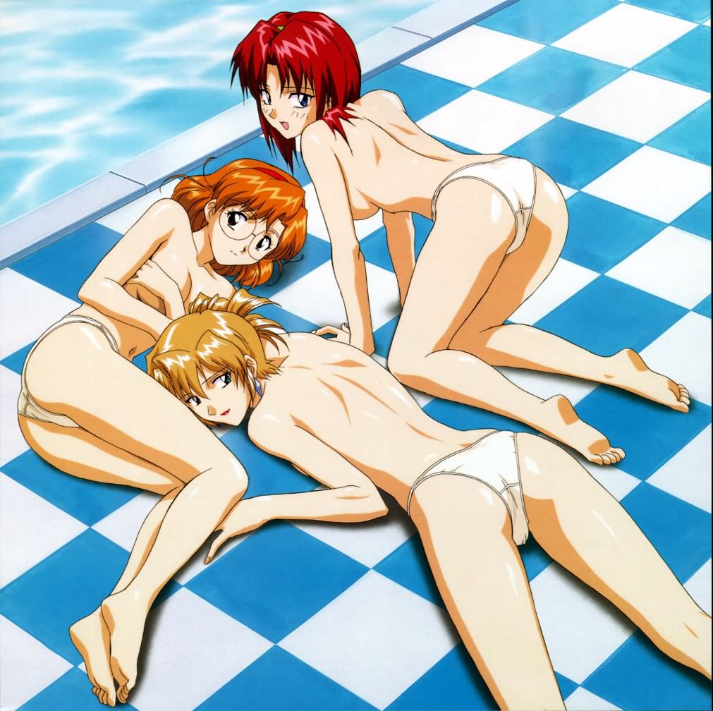 3girls 90s agent_aika aika_sumeragi all_fours ass back barefoot blonde_hair blue_eyes breast_hold breasts checkered checkered_floor covering earrings feet female female_only glasses hair_up jewelry lipstick lying makeup maypia_alexymetalia multiple_girls navel open_mouth orange_hair panties pool red_hair rion_aida short_hair sideboob smile soles topless underwear underwear_only white_panties yamauchi_noriyasu