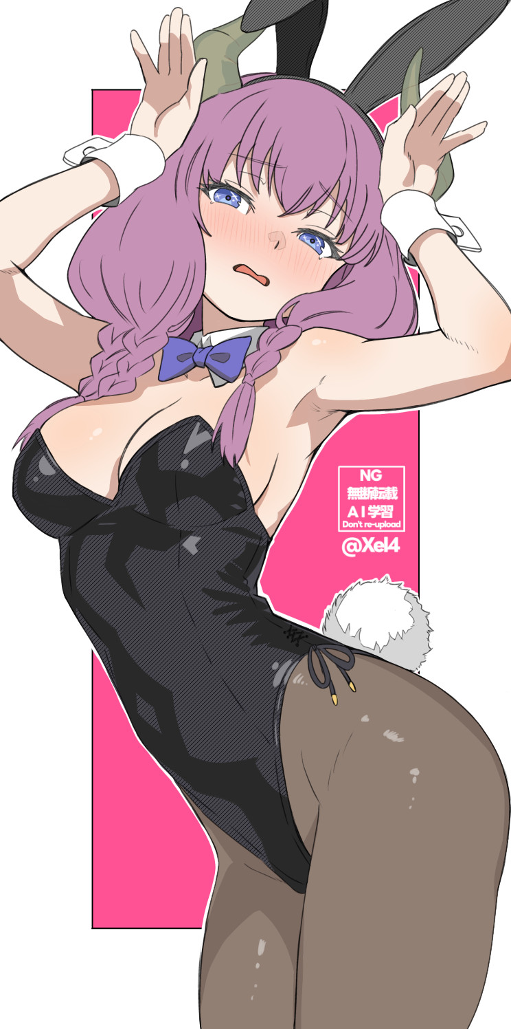 1girls, aura (sousou no frieren), blue eyes, blush, breasts, bunny ears, bunny girl, bunny tail, bunnysuit, cleavage, embarassed, embarrassed, female, female only, frieren beyond journey's end, horns, large breasts, medium hair, pink and white background, purple hair, revealing clothes, sousou no frieren, wristwear, xel4