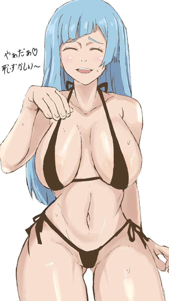 1girls, alternate version available, big breasts, bikini, bikini bottom, bikini top, black bikini, black bikini bottom, black bikini top, blue hair, blue-haired female, bra, breasts, closed eyes, female, female only, jujutsu kaisen, kasumi miwa, shy, sling bikini, smile, tomozawa mamoru