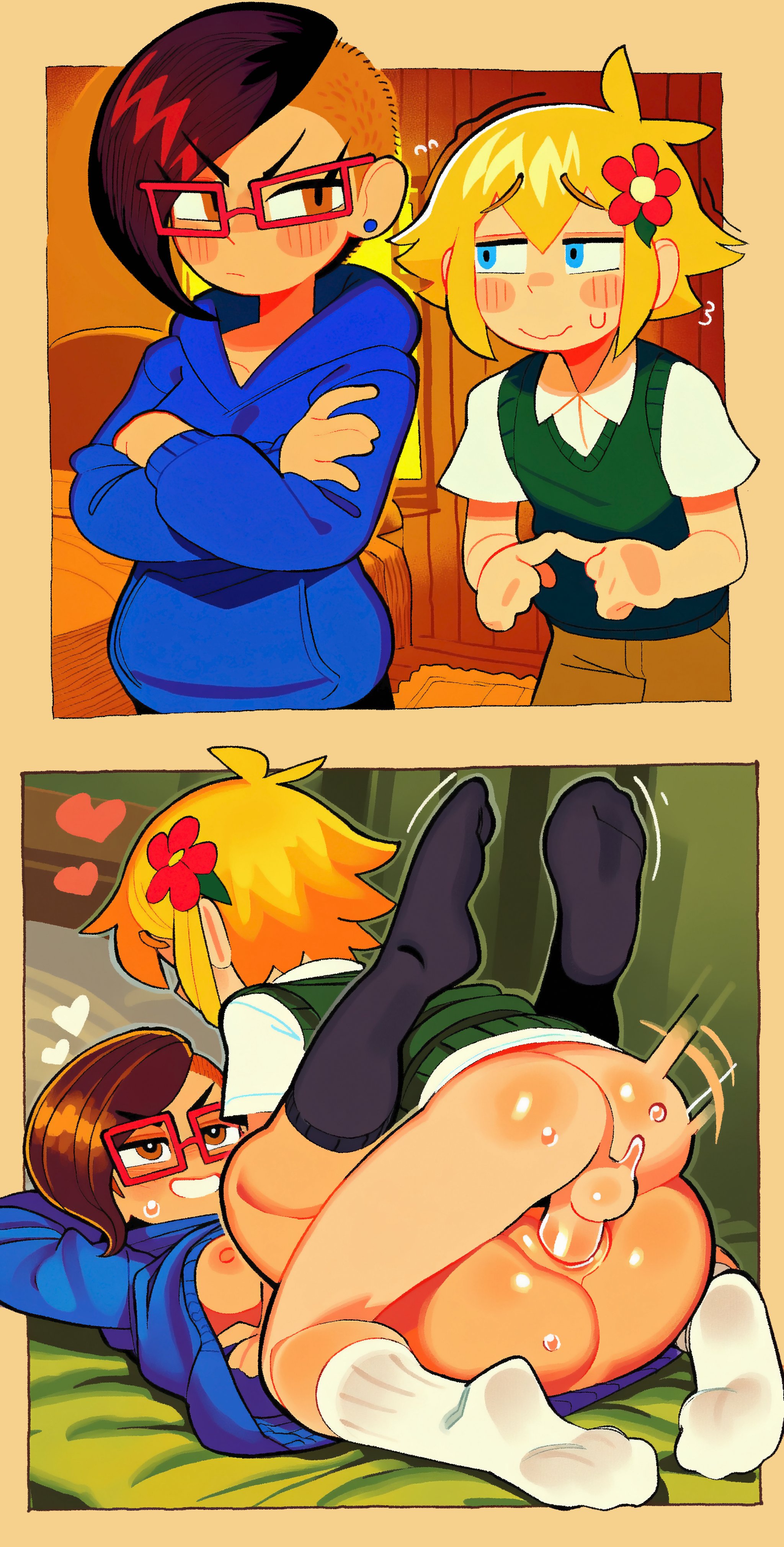 1boy, 1girls, ai generated, ai generated image, basil (omori), before and after, before sex, breasts, exposed breasts, female, femboy, femboy on female, femboy penetrating, femboy penetrating female, femboydom, glasses, glasses on head, heart, hearts around head, hoodie only, kim (omori), male, mating, mating press, omori, pussy, shy, shy male, socks, teenager, thrusting, thrusting into pussy, tomboy, tomboy on femboy, vaginal penetration, vaginal sex