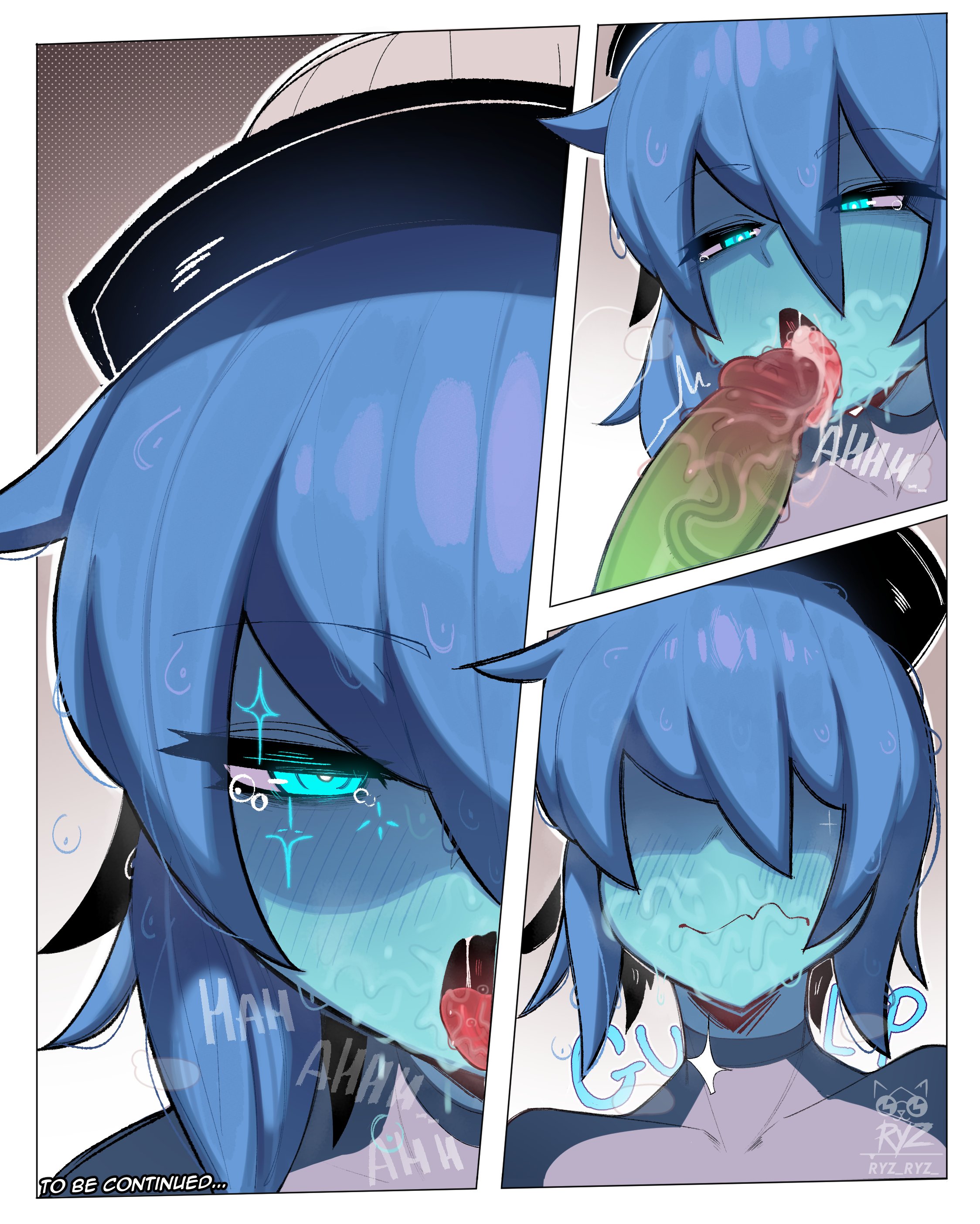 1futa, 1girls, after fellatio, after oral, big breasts, blue eyes, blue hair, breasts, cum, cum in mouth, cum on tongue, eyebrows visible through hair, fellatio, female, futa on female, futanari, heart, intersex, lapis lazuli (bob), lapis lazuli (steven universe), multiple views, open mouth, oral, penis, peridot (steven universe), ryz ryz, saliva, steven universe, swallowing cum, tagme, tongue, tongue out