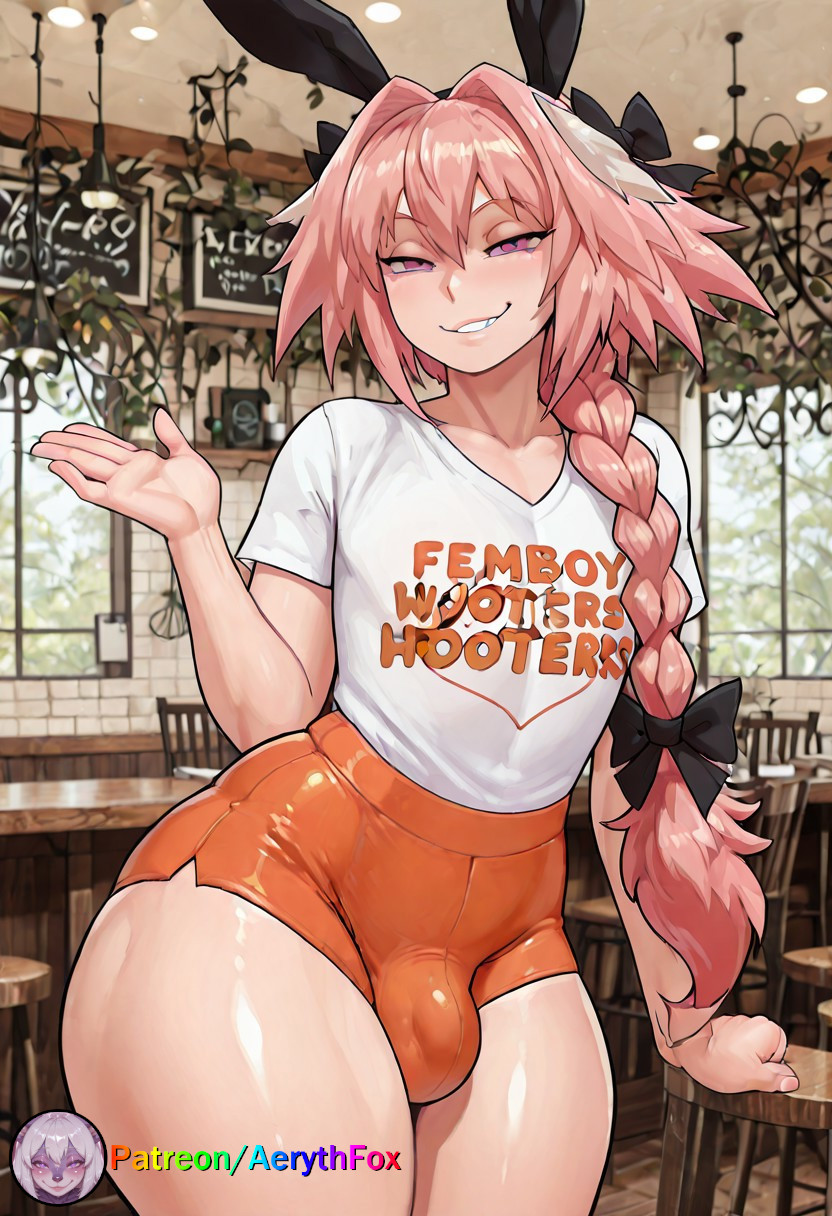 1boy, aerythfox, ai, ai art, ai generated, astolfo (fate), bulge, fate (series), fate/grand order, femboy, femboy hooters, light-skinned male, male, male only, otoko no ko, otokonoko, patreon, patreon username, penis, pink hair, shirt, shorts, solo, tagme