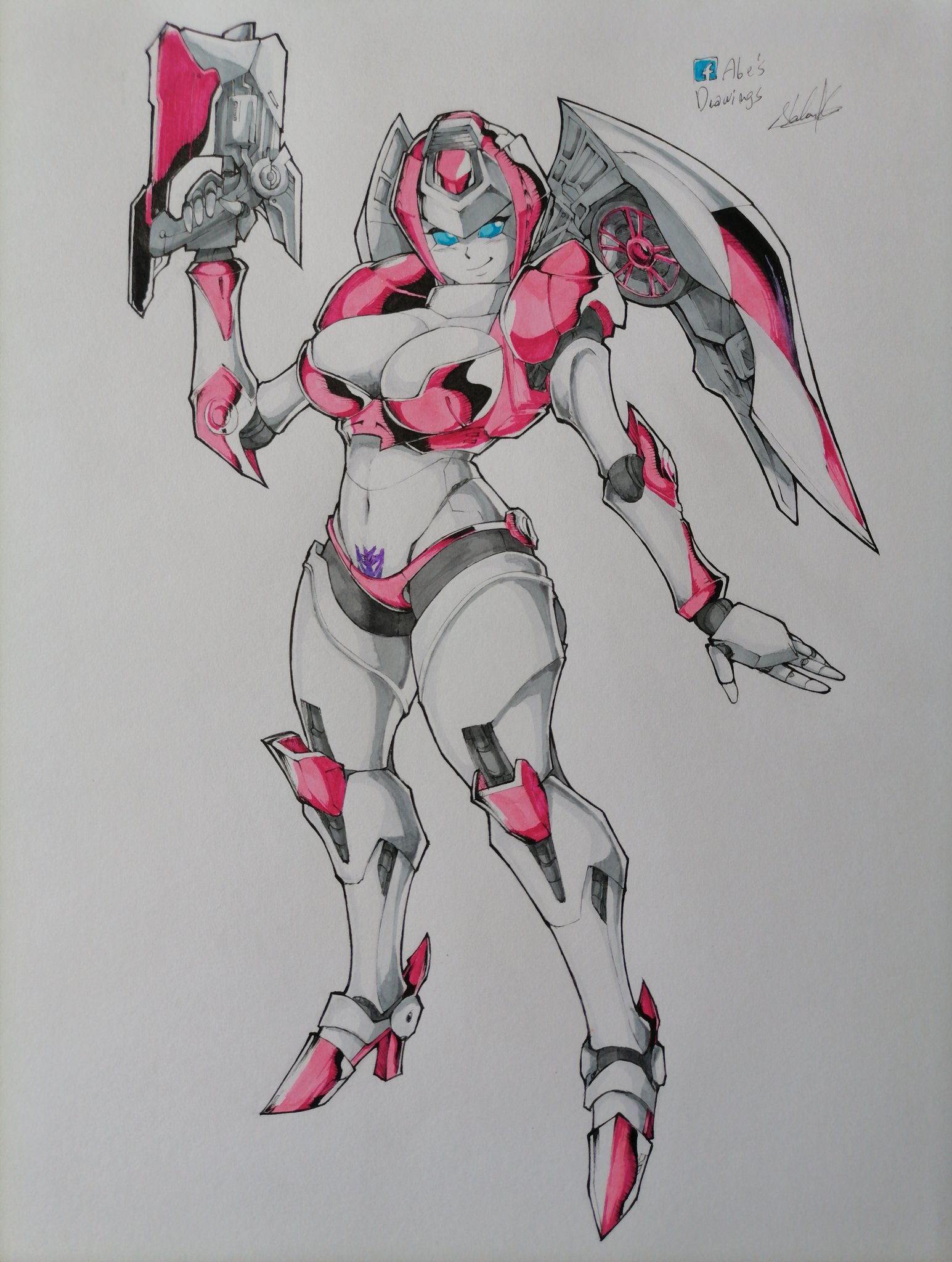 1girls, 2d, abesdrawings, arcee, art, big breasts, blaster, blue eyes, breasts, built-in high heels, busty, color, decepticon insignia, drawing, ex-01 nicee, female, female only, high heels, pink panties, pubic tattoo, robot, robot girl, robot humanoid, sketch, solo, solo female, traditional art, traditional media, traditional media (artwork), transformers, weapon