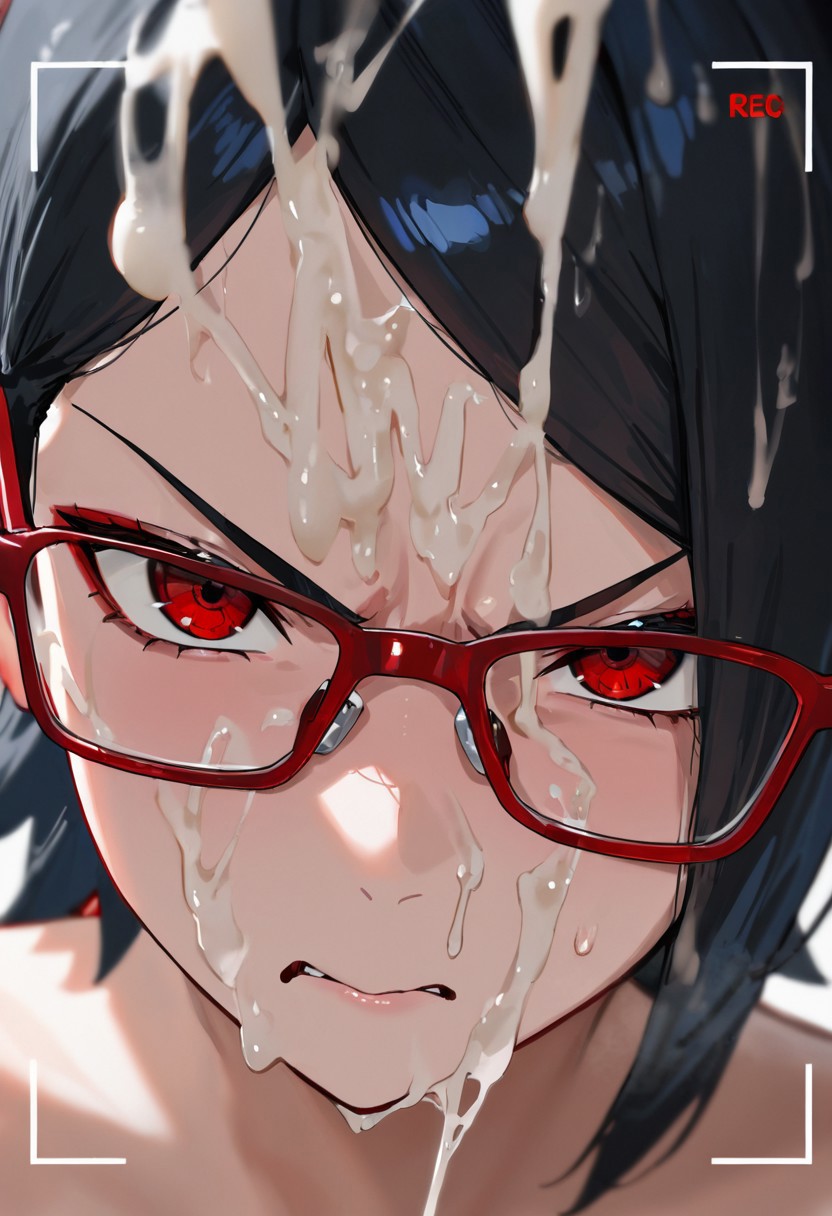 ai, ai generated, angry, annoyed, bukkake, bustybunz, close, closeup, cum, cum on face, excessive cum, facial, looking at viewer, red eyes, red glasses, sarada uchiha, semen, tagme, thick cum