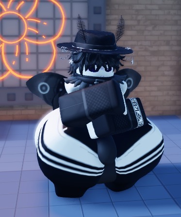3d, anthro, beard, big ass, big penis, black clothing, black hair, black socks, curvy, feathers, femboy, fur, gloves, glowing eyes, hat, hobbiecritter, looking at viewer, male, mask, mertens opp (artist), messy hair, neon lights, oc, outdoors, outfit, penis, roblox, robloxian, solo, striped pants, thick ass, thick thighs, urban background, white skin