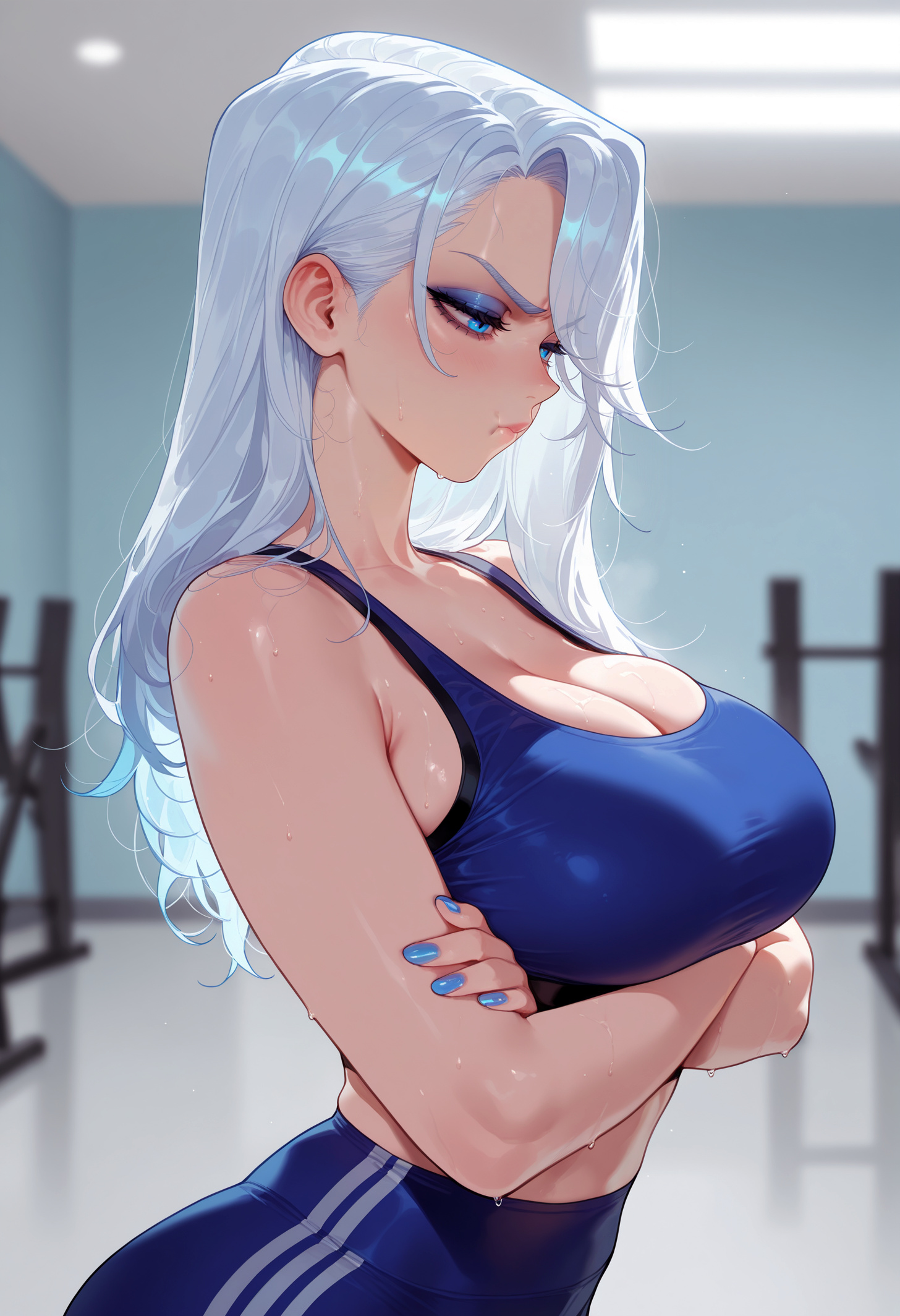 1girls, ai generated, arms under breasts, ashe (league of legends), balecxi, bare arms, bare shoulders, blue eyes, blue eyeshadow, blue nails, blue pants, blue sports bra, blush, breasts, ceiling light, cleavage, closed mouth, clothing, collarbone, crossed arms, curvaceous, curvaceous female, curvaceous figure, curvy, curvy figure, eyeshadow, female, female focus, female only, gym, gym clothes, gym uniform, hair behind ear, high-waist pants, indoors, large breasts, league of legends, long hair, looking down, makeup, midriff, nail polish, pants, pout, solo, sports bra, sportswear, sweat, tight clothes, upper body, voluptuous, voluptuous female, white hair, yoga pants