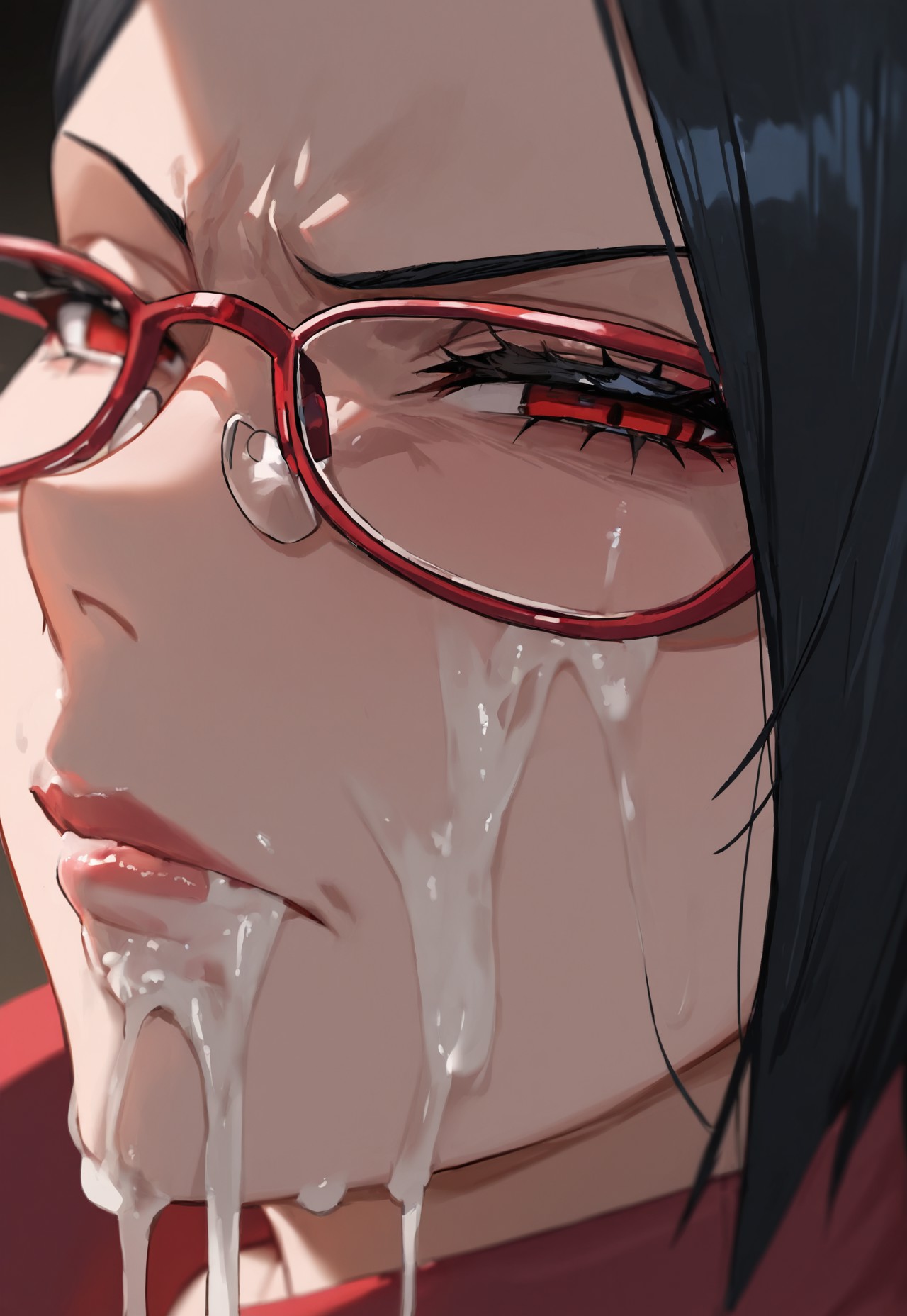 ai, ai generated, angry, annoyed, bukkake, bustybunz, close, closeup, cum, cum on face, excessive cum, facial, looking at viewer, red eyes, sarada uchiha, semen, tagme, thick cum
