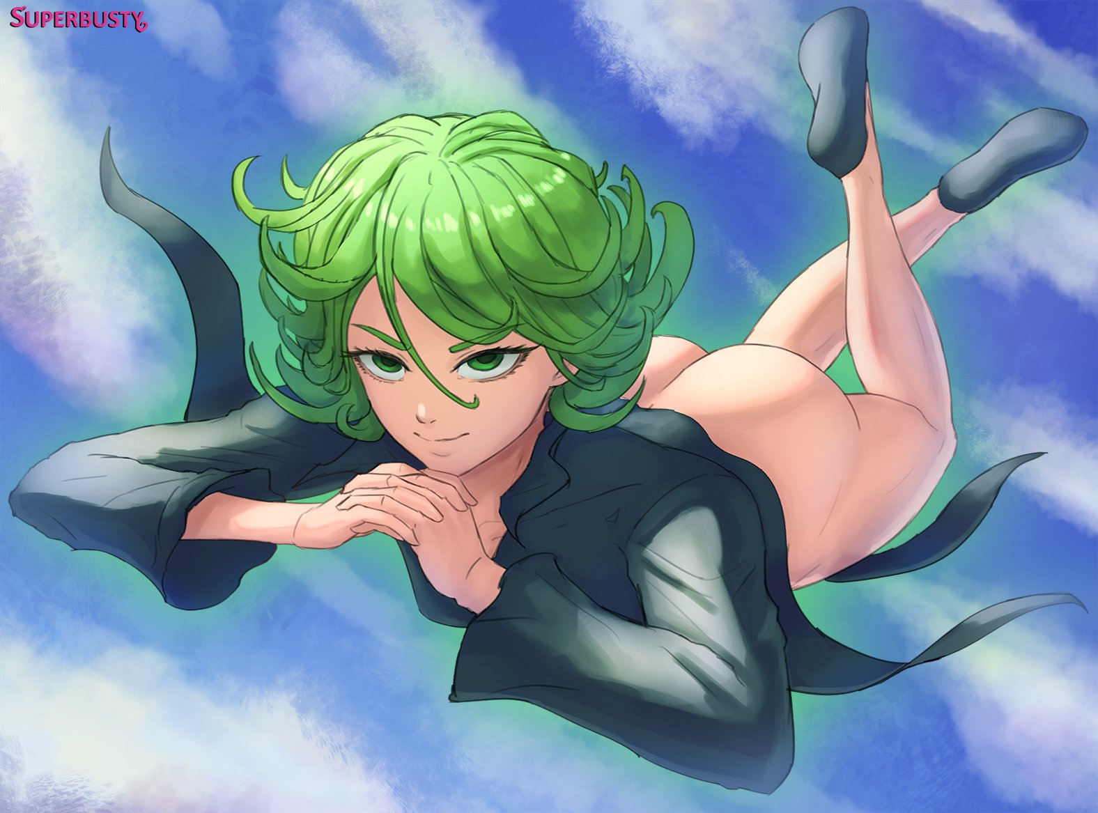 1girls, ass, bare ass, bottomless, breasts, female, female only, flat chest, flying, green eyes, green hair, light skin, no panties, one-punch man, petite, small breasts, smile, solo, superbusty, tatsumaki, telekinesis, the pose