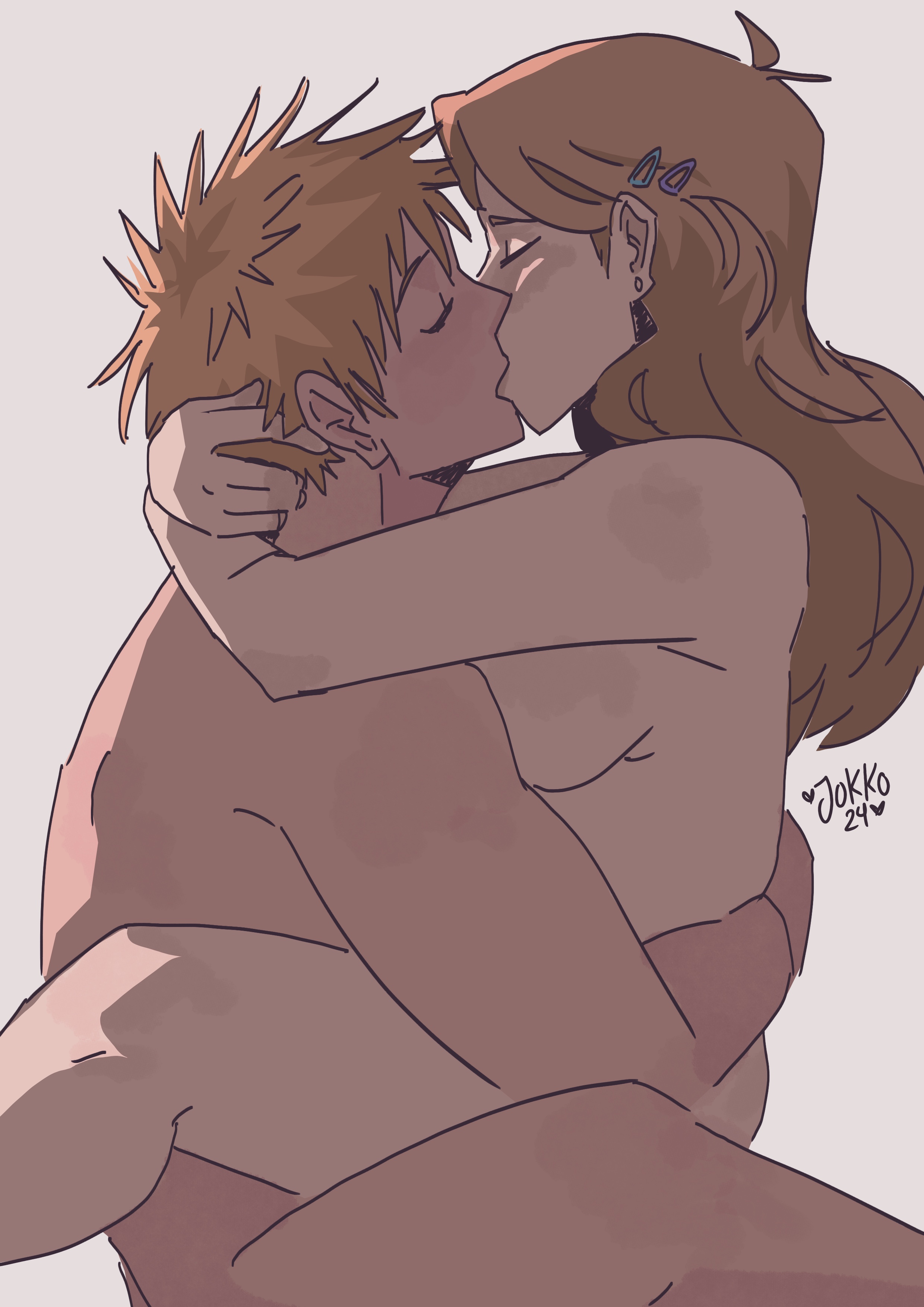 1boy, 1girls, 2d, arms around neck, arms around partner, artist name, artist signature, big breasts, bleach, breasts, closed eyes, color, completely nude, dated, digital media, duo, ear piercing, earrings, embrace, female, grey background, hair ornament, hairclip, hand on another's head, highres, husband and wife, ichigo kurosaki, inoue orihime, jokko, kissing, kissing while penetrated, large breasts, light-skinned female, light-skinned male, lighting, long hair, male, male and female focus, married couple, orange hair, romantic, romantic couple, sex, side view, sideboob, sitting, spiky hair, straight, watermark, wholesome