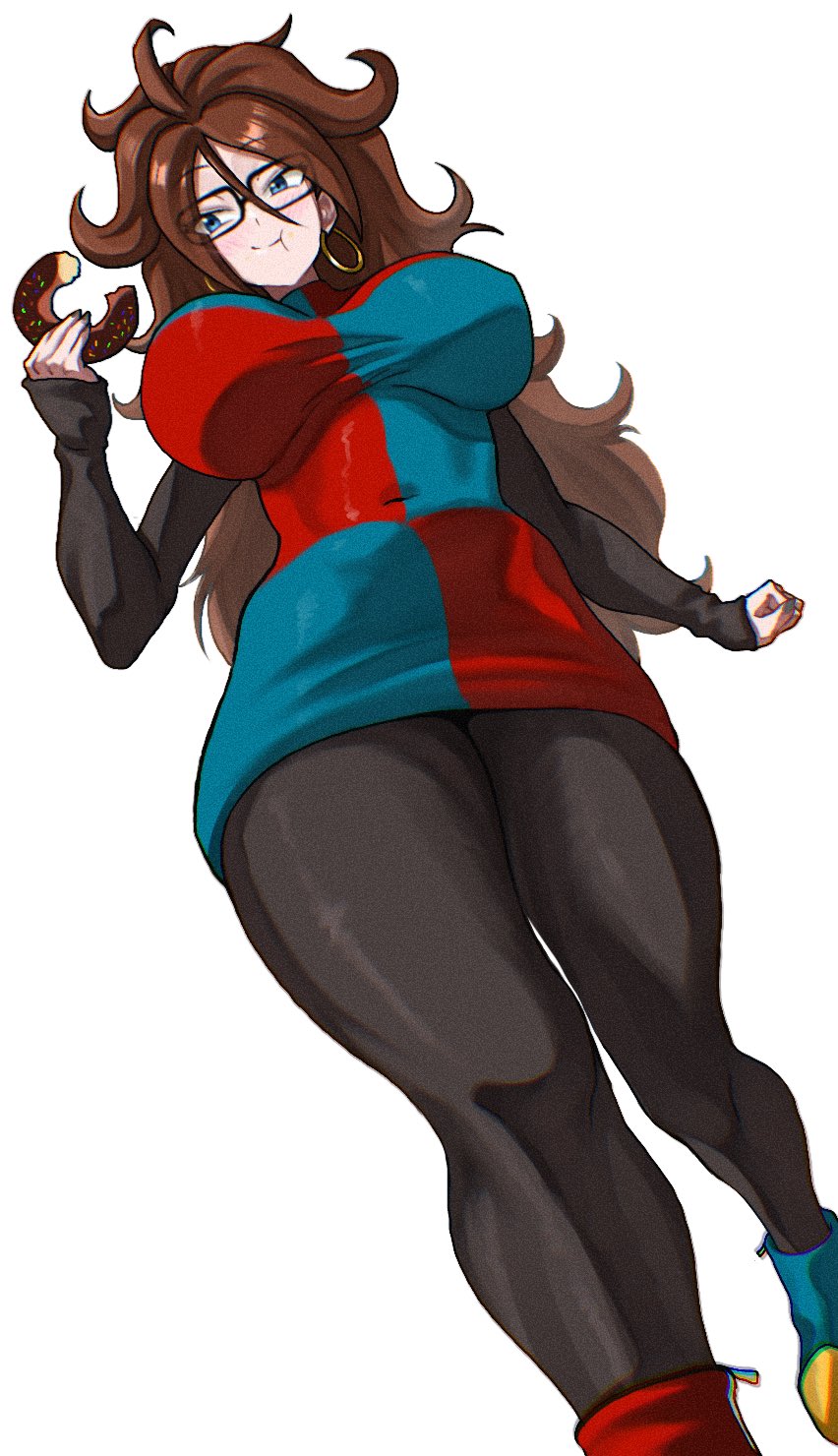 1girls, android 21, android 21 (human), big breasts, blue eyes, breasts, brown hair, donut, doughnut, dragon ball, dragon ball fighterz, eating, female, female only, food, glasses, huge breasts, large breasts, long hair, takundraws