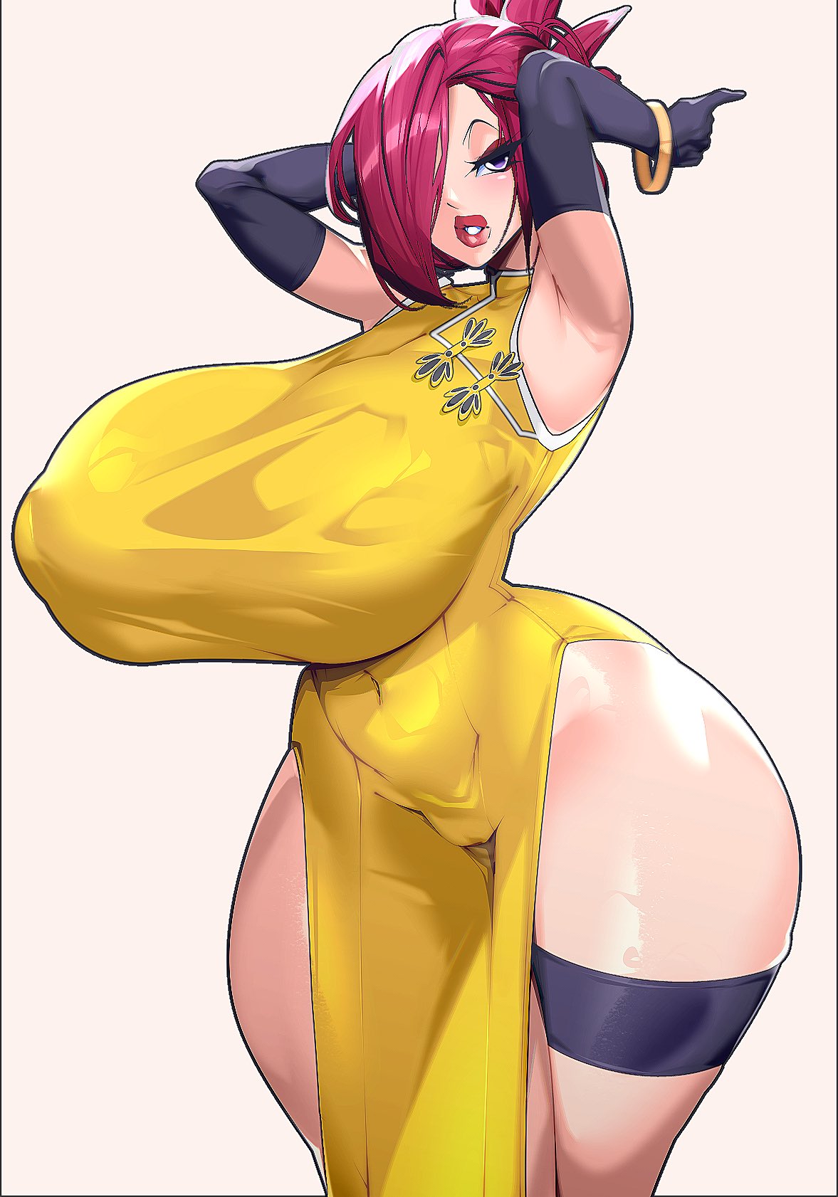 1girls, akatsuki blitzkampf, alternate ass size, alternate breast size, alternate version available, armpits, arms up, bracelet, bracelets, breasts, commission, commissioner upload, curvy, ecchi, elbow gloves, en-eins perfektewelt, female, female only, gloves, hair over one eye, latex, latex gloves, lipstick, long gloves, looking at viewer, marilyn sue, pelvic curtain, pigtails, pussy, qipao, rice-chan, seducing viewer, seductive, seductive look, seductive pose, straps, thick lips, thick thighs, thighs, visible areolae, visible nipples, visible pussy, wide hips