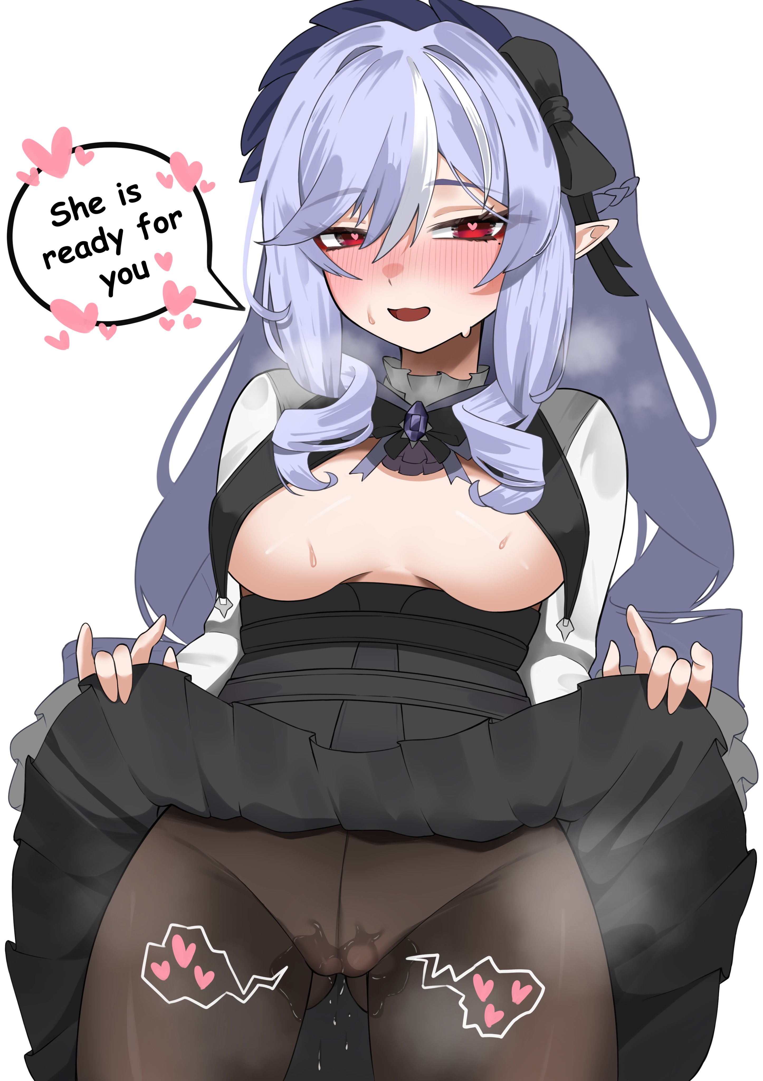 bernardo (ggpa8423), bernardo747, breasts, breasts out, female, heart, heart eyes, horny female, hoyoverse, lifting skirt, pointy ears, purple hair, pussy, pussy juice, red eyes, skirt, skirt lift, speech bubble, text, vivian banshee, wet, zenless zone zero