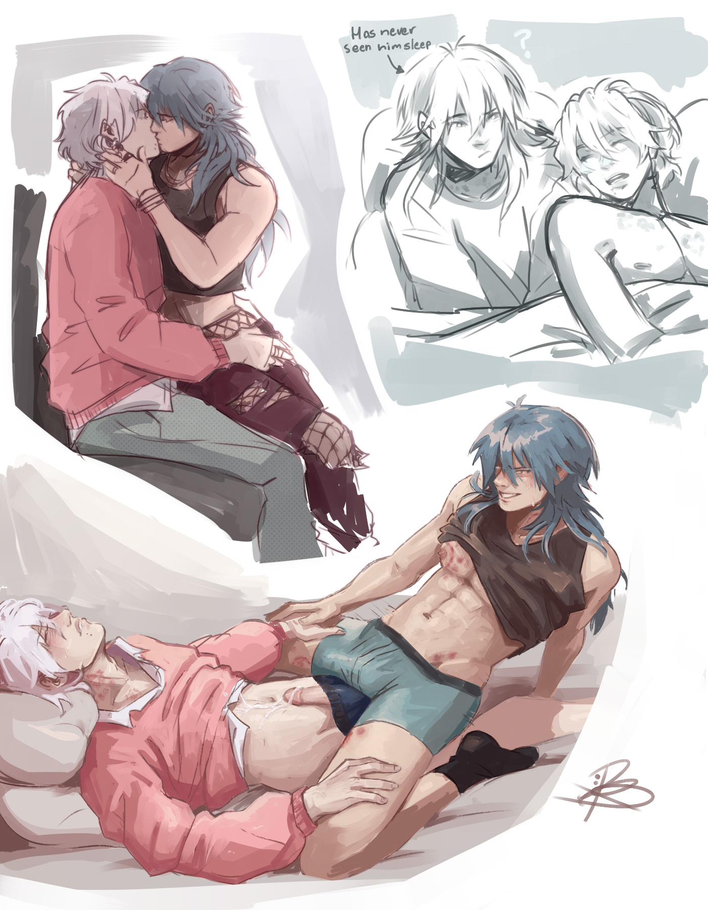 2boys, aoba seragaki, bite mark, clear (dramatical murder), clothed sex, clothing, cum, cum on self, cum on stomach, dramatical murder, frotting, gay, hickey, hickey marks, male, yaoi