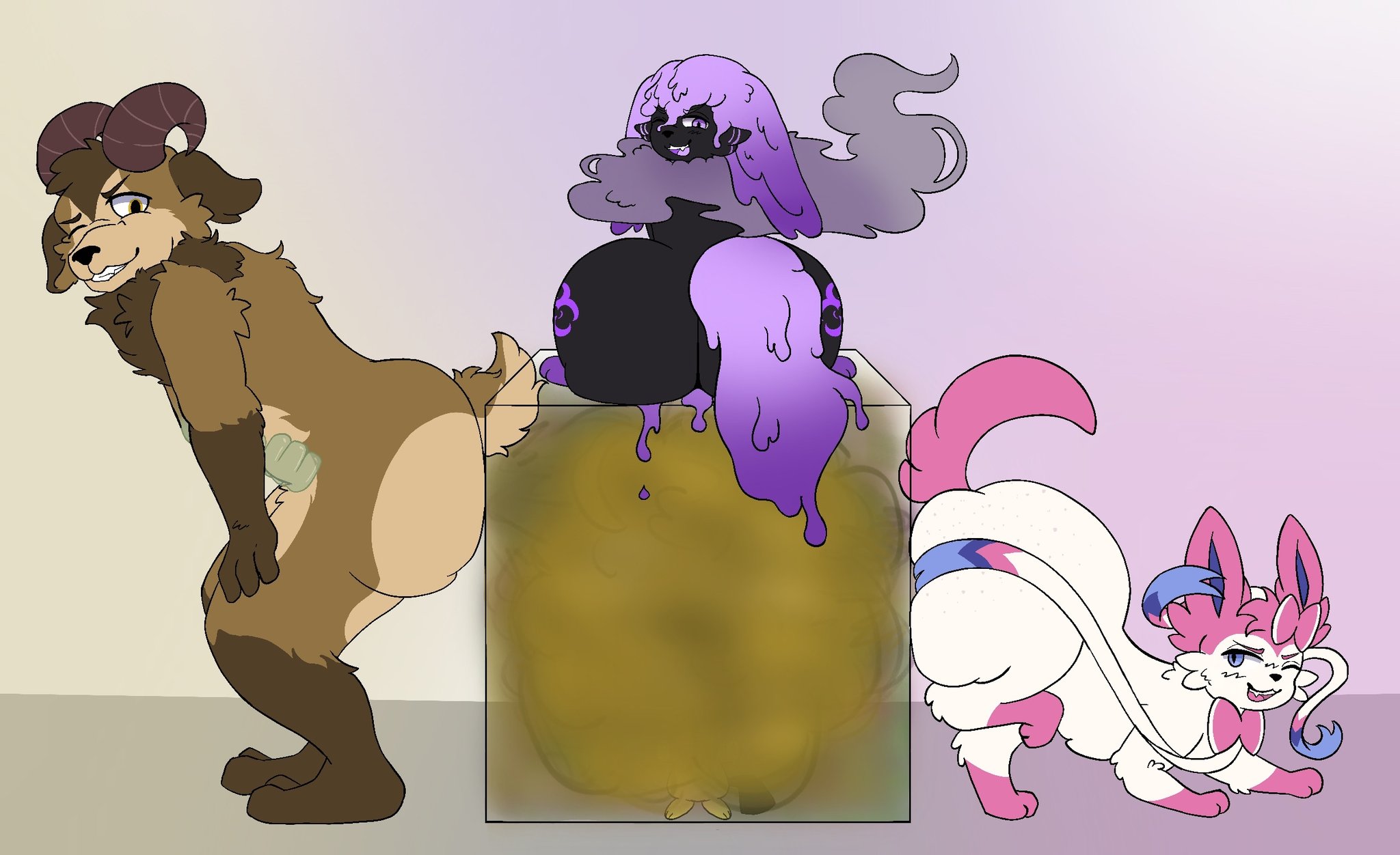2025, 2d, 4boys, ass, bending over, big ass, big but, black fur, brown fart, brown fart cloud, brown fur, dior (mordredlefey), dutch oven, fart, fart bukkake, fart cloud, fart fetish, farting, farting in face, farting on another, femboy, gassy park, girly, goat, grin, group farting, hand on hip, huge ass, huge butt, looking back, looking back at partner, looking over shoulder, male, male fart, male farting, male only, multiple boys, multiple males, no genitals, no sex, oc, one eye closed, pichu, pokemon, pokemon (species), questionable consent, ribbons, sitting down, sitting on box, size difference, slime, smiling, smiling at another, standing, stuck, stuck in box, sylveon, tattoo, tattoo on ass, tattoo on butt, trapped, white fur, yellow fur