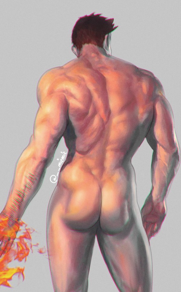 1boy, ass, back, back muscles, back view, bare arms, bare ass, bare shoulders, bare thighs, dilf, endeavor (my hero academia), enji todoroki, fire, grey background, human, human only, male, male focus, male only, micmic, muscles, muscular, muscular male, my hero academia, nude, nude male, realistic, red hair, simple background, solo, solo focus, solo male, standing, veiny muscles