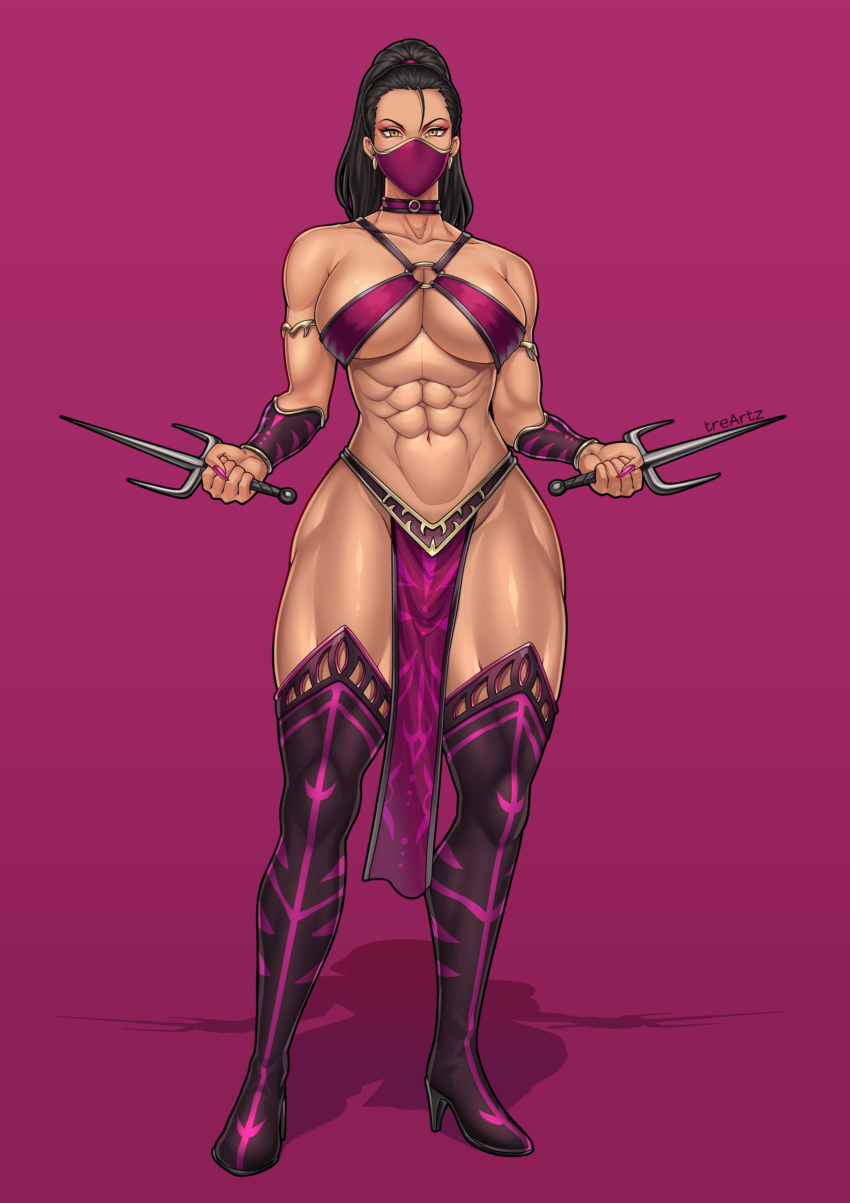 1girls, abs, beautiful, black hair, breasts, clone, edenian, female, female only, hot, mask, mileena, mortal kombat, mortal kombat (2011), muscular, muscular female, ponytail, sai (weapon), solo, solo female, solo focus, tarkatan, thighs, thotlerrr, treartz, yellow eyes