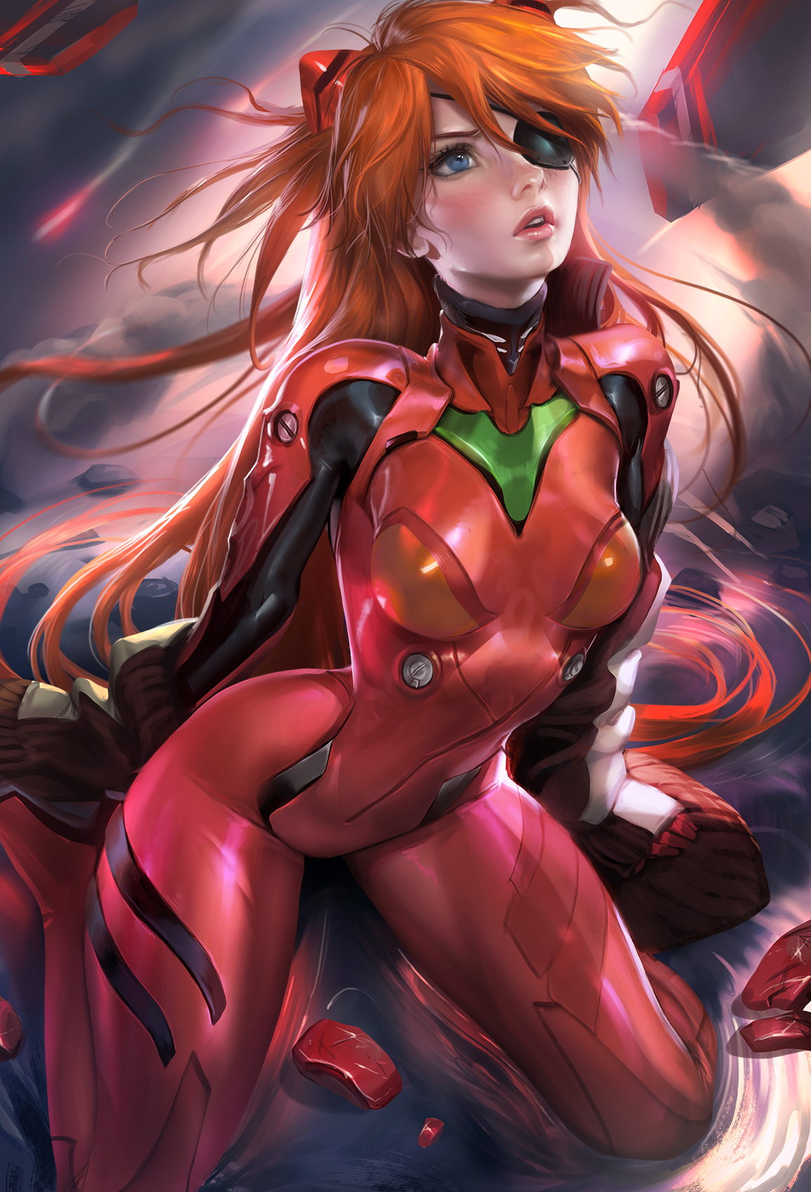 1girls, asuka langley sohryu, blush, bodysuit, breasts, clothing, eye patch, female, female only, fully clothed, human, light skin, light-skinned female, long hair, neon genesis evangelion, orange hair, pilot suit, plugsuit, rebuild of evangelion, sakimichan, small breasts, solo