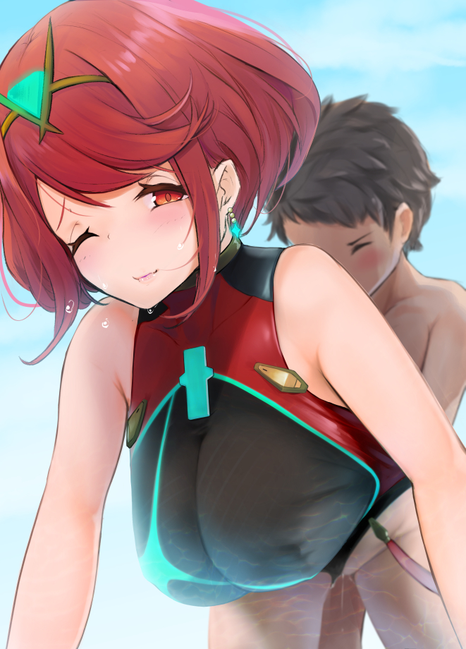 amekosame bare_legs bare_shoulders blush bob_cut breasts brown_hair closed_eyes closed_mouth clothed_female_nude_male doggy_style earrings female jewelry large_breasts nintendo nude one-piece_swimsuit one_eye_closed pyra red_eyes red_hair rex_(xenoblade) sex sex_from_behind sky smile swimsuit xenoblade_(series) xenoblade_chronicles_2