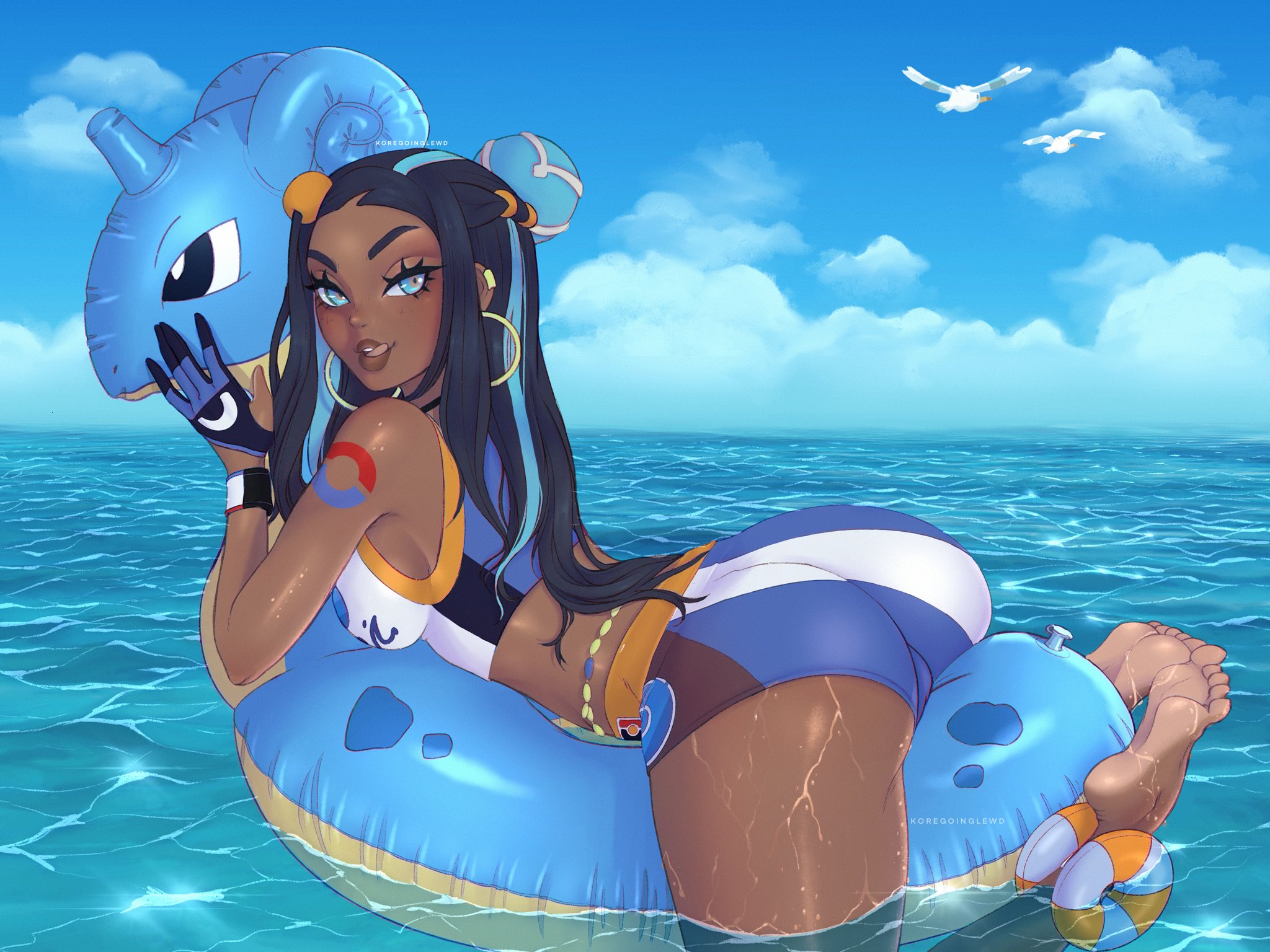 1girls, ass, barefoot, belly chain, blue eyes, blue hair, breasts, dark skin, dark-skinned female, ear piercing, earrings, feet, female, female only, game freak, gym leader, hoop earrings, inflatable, koregoinglewd, lapras, licking lips, lips, long hair, looking at viewer, necklace, nessa (pokemon), nintendo, ocean, open mouth, pokemon, pokemon rgby, pokemon ss, shorts, sideboob, skintight, soles, solo, tattoo, thick lips, tight clothing, tongue, tongue out, two-tone hair, wet, wet skin